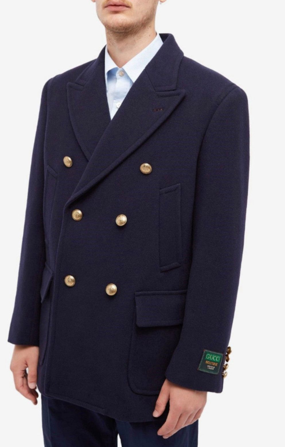 GUCCI Kurzmantel Filzwolle Peacoat Navy 46/S Goldfarbenen Knöpfen, Edle Spitzrevers
