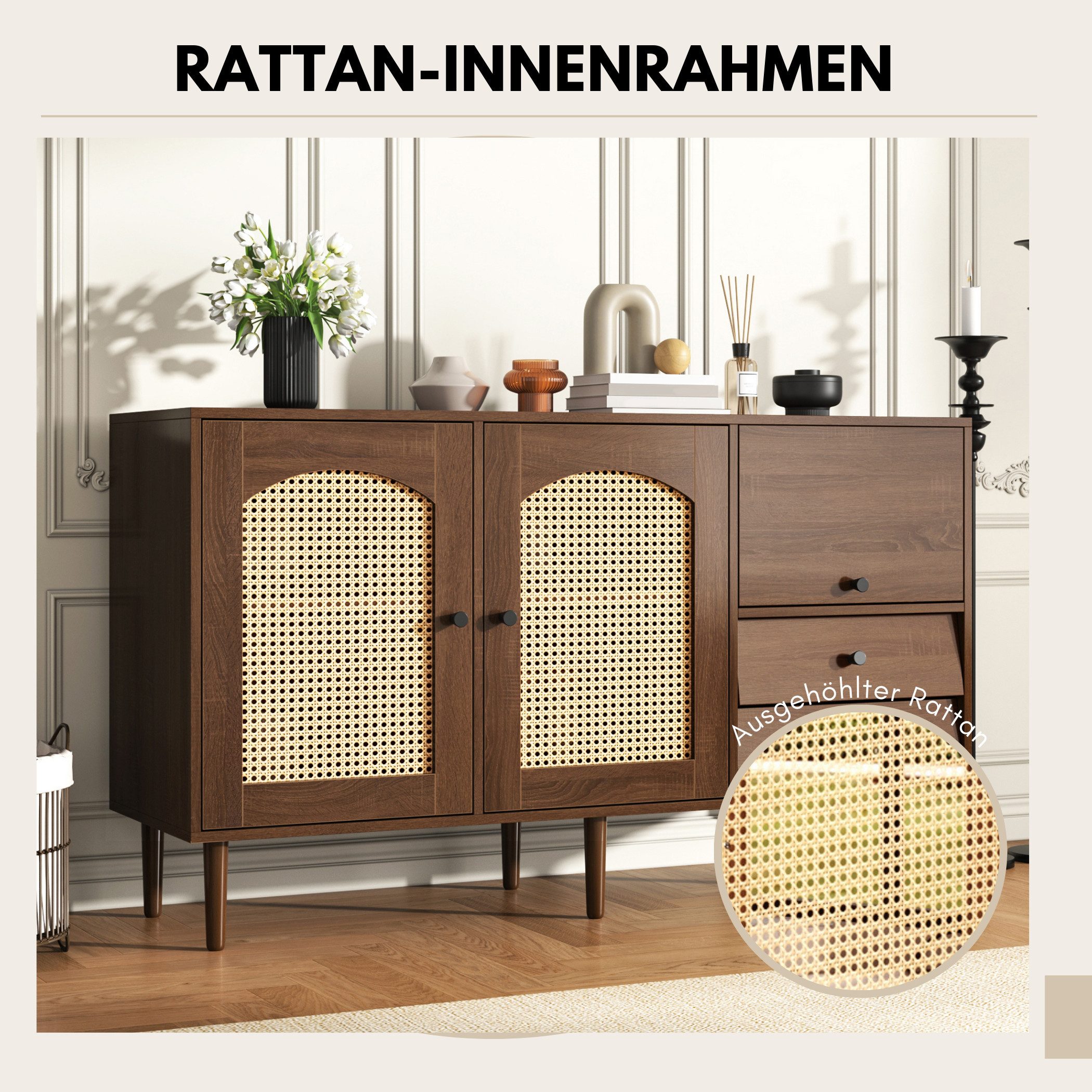 SeedWave Sideboard Retro Kommode, mit Rattantüren, 2 Schubladen, 1 umklappbarer Tür, Verstellbare Einlegeböden; Ausgehöhlte Rattantüren; Magnetverschluss