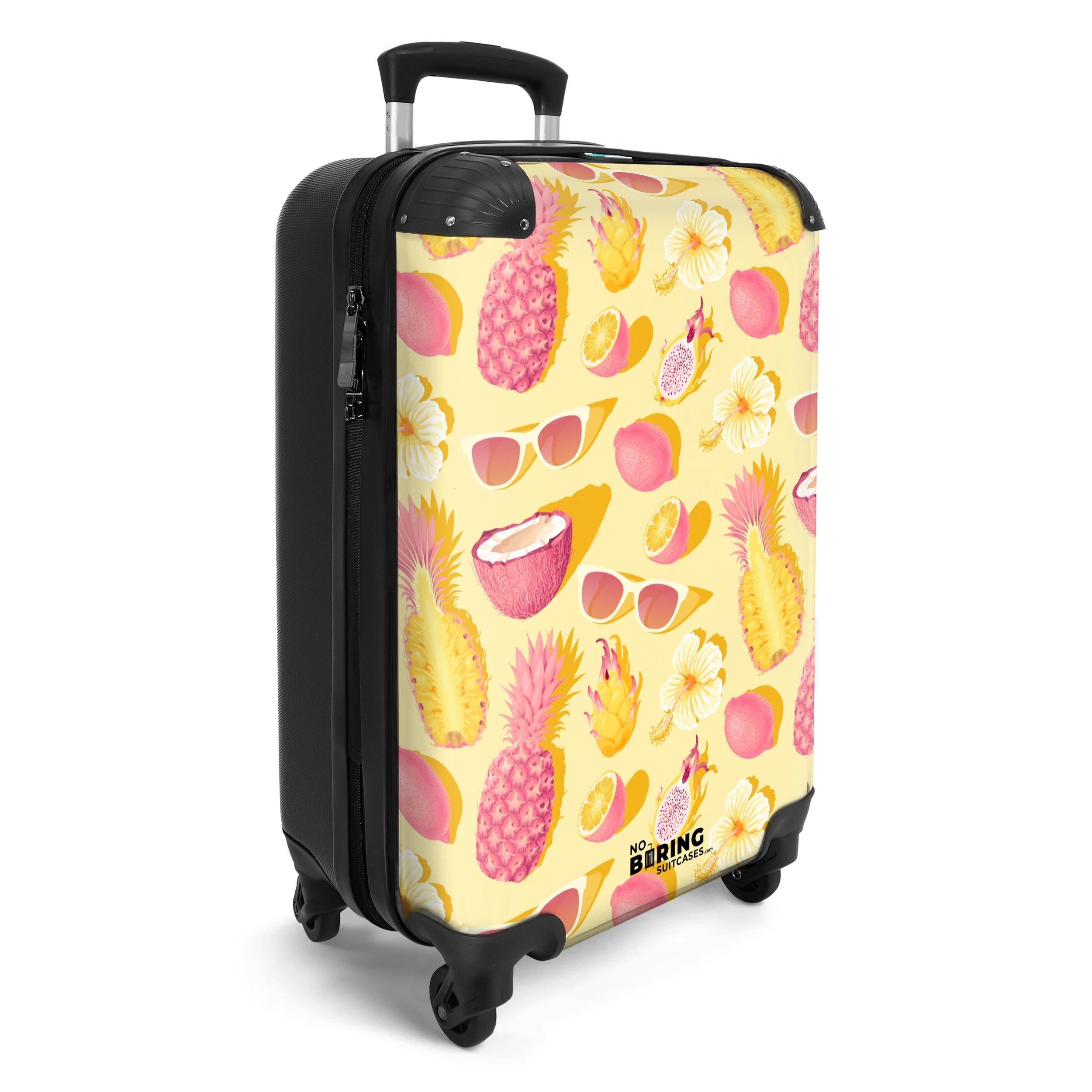 NoBoringSuitcases.com© Kinderkoffer Rosa und gelbes Muster aus Blumen und tropischen Früchten 55x35x20cm, 4 Rollen, Reisetasche mit Rollen, Koffer Handgepäck Flugzeug