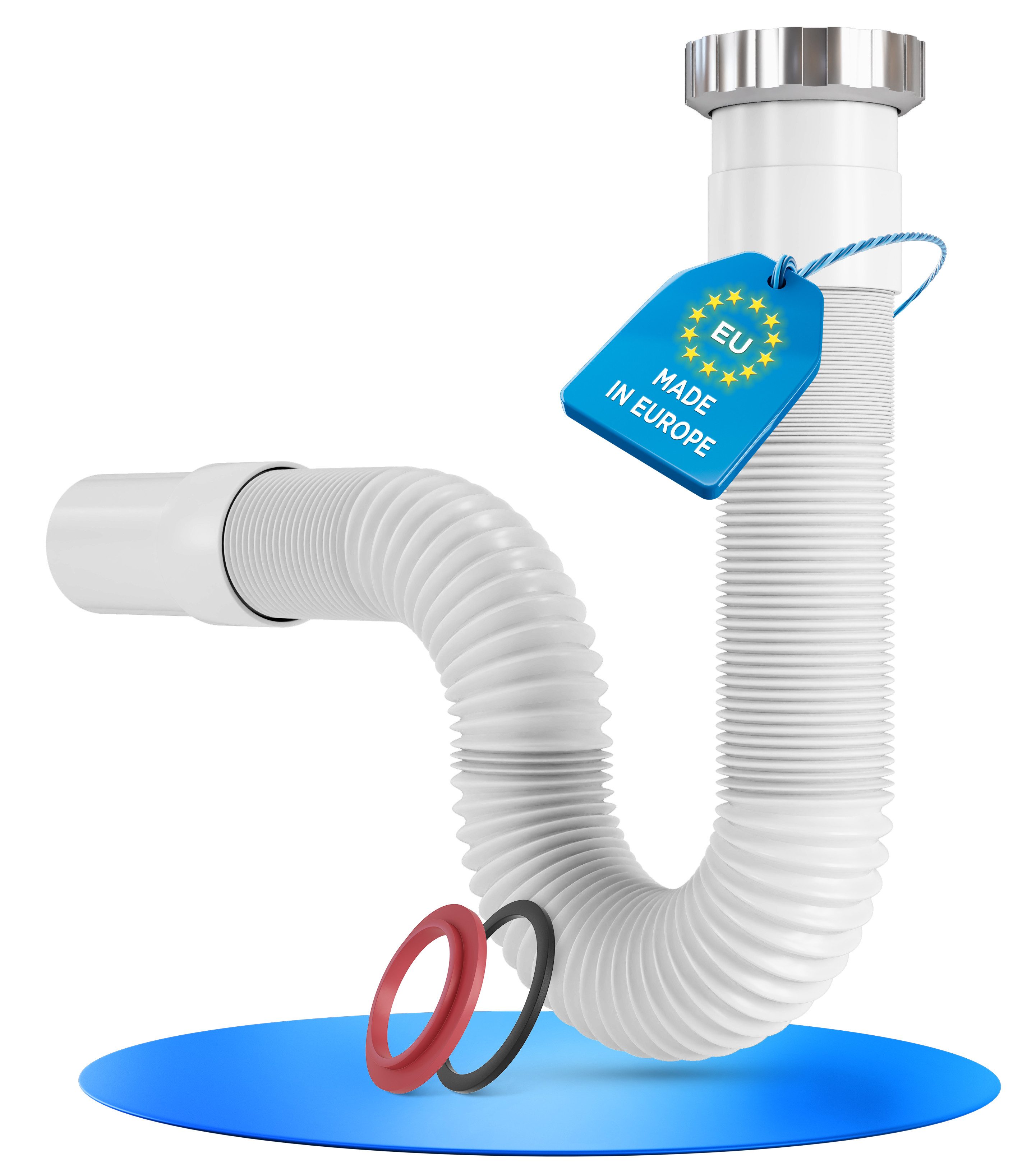 Lobenswerk Siphon SuperFlex Ablaufgarnitur, Geruchsverschluss, ausziehbar 320-890mm, mit Aluminium Mutter, flexibler Ablaufschlauch