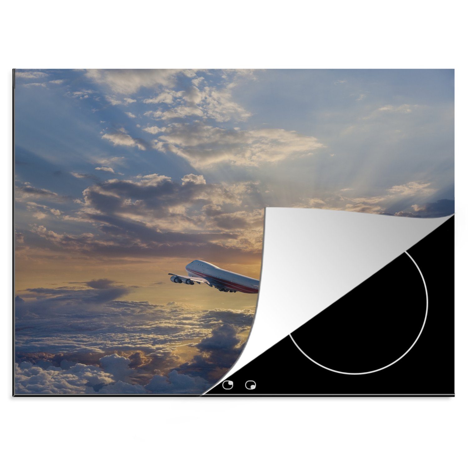 MuchoWow Herdblende-/Abdeckplatte Flugzeug fliegt durch dramatischen Himmel, Vinyl, (1 tlg), 60x52 cm, Mobile Arbeitsfläche nutzbar, Ceranfeldabdeckung
