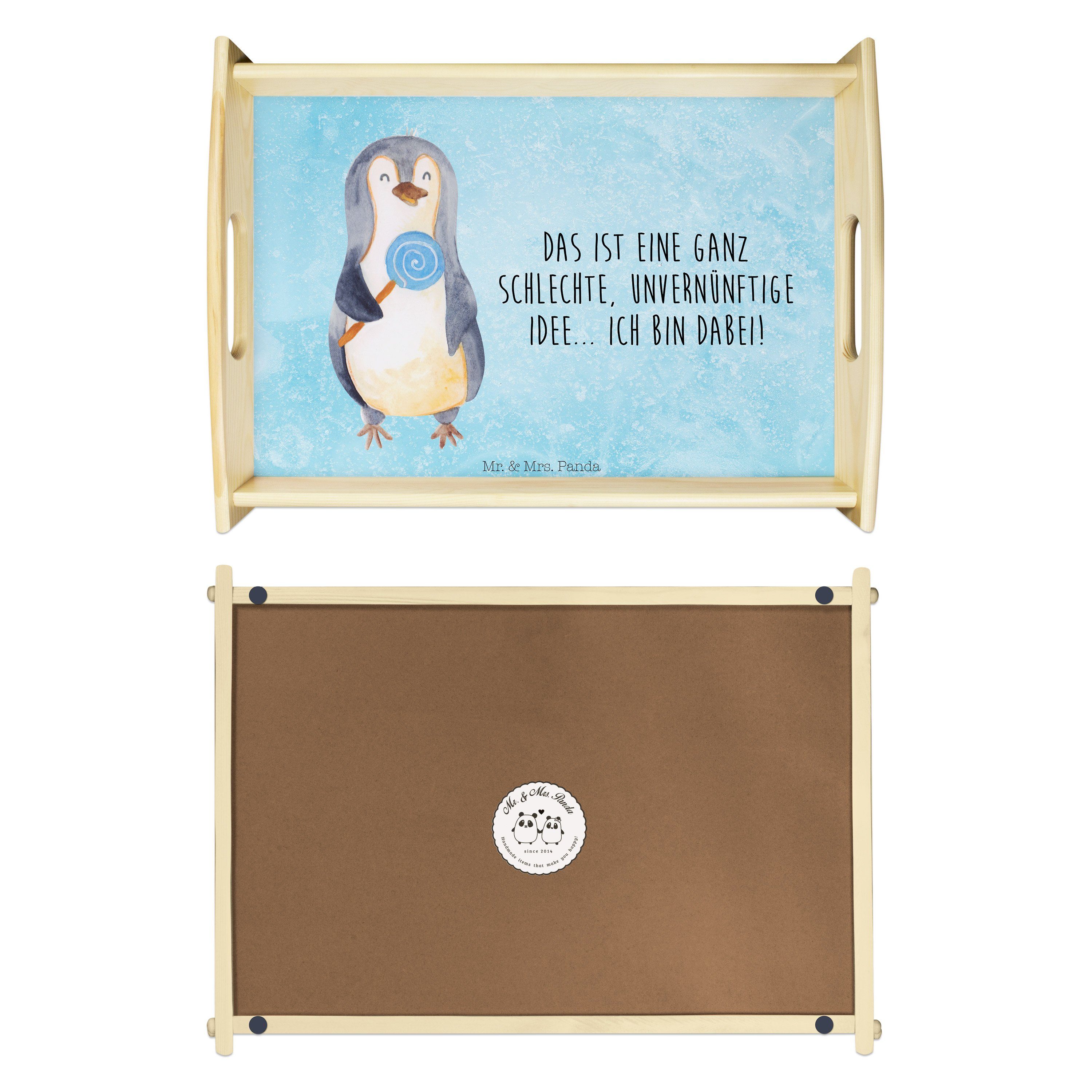 Mr. & Mrs. Panda Tablett Pinguin Lolli - Eisblau - Geschenk, Tablett, Küchentablett, Holztable, Echtholz lasiert, (1-tlg)