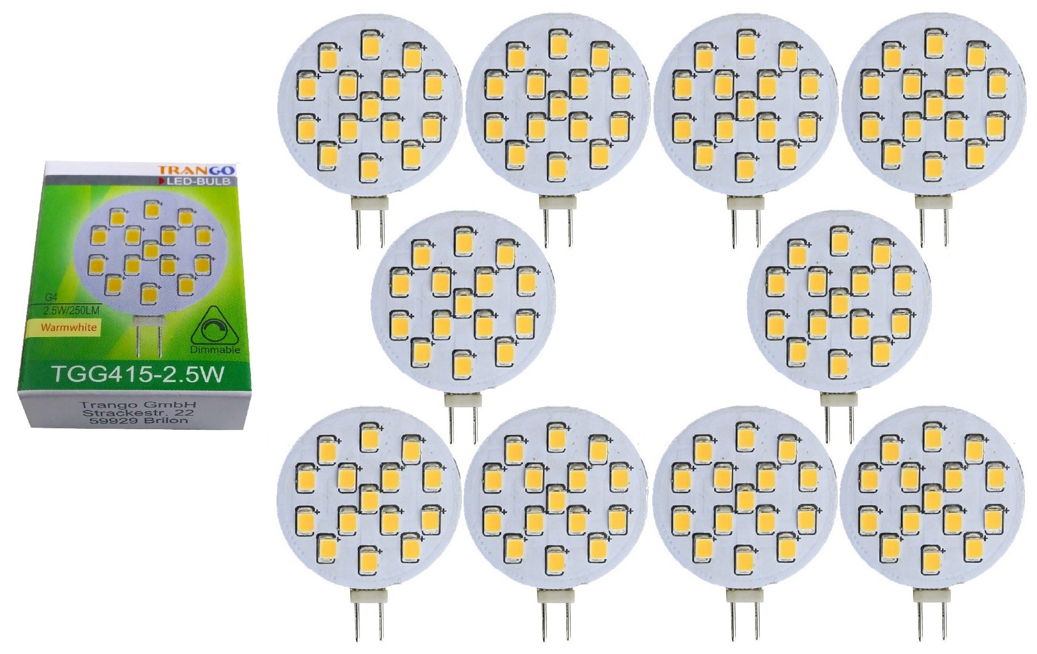TRANGO LED-Leuchtmittel, 10er Pack G415-2.5/10 LED Leuchtmittel G4 Fassung zum Austausch G4 MR16 Halogen Leuchtmittel 12Volt AC/DC - 2.5 …