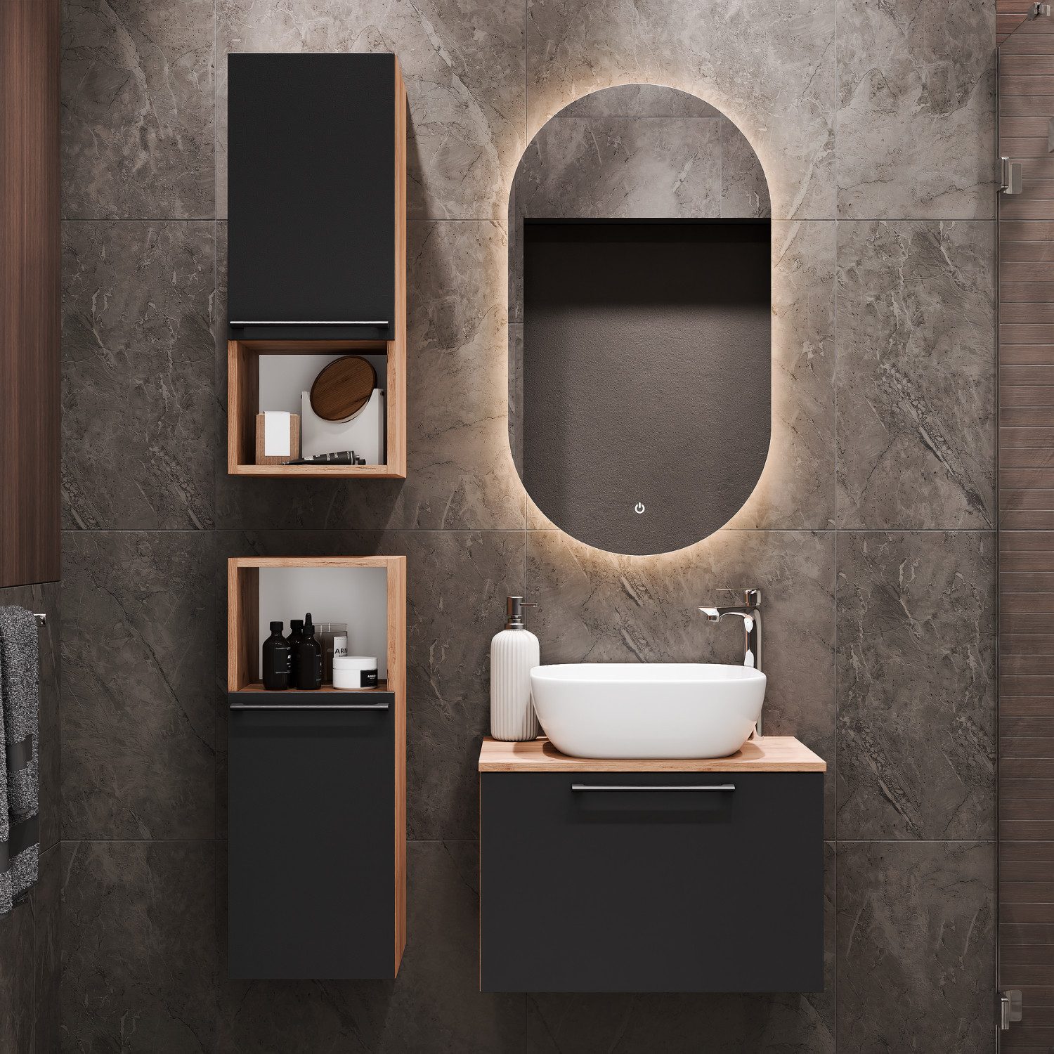 Planetmöbel Badmöbel-Set ASTRA Waschtischunterschrank 60 cm mit Midischrank, (Waschbeckenunterschrank, 4-St., Badezimmerschrank), Waschtisch und Waschbecken weiß mit 2x Midischrank