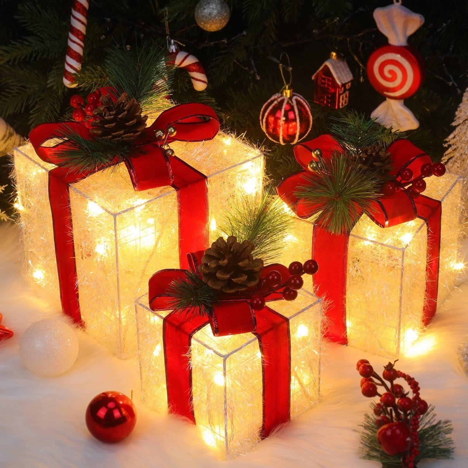 Elegear LED Dekolicht 3er-Set LED Geschenkbox Weihnachten mit 60/117/140 LEDs, LED wechselbar, Tageslichtweiß, Warmweiß, Kaltweiß, Geschenkbox Weihnachtsdeko für Weihnachtsbaum/Fensterbank/Regal