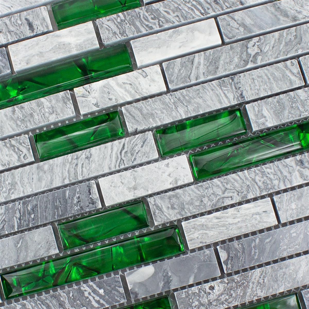 Mosafil Mosaikfliesen Glas Naturstein Mosaik Fliesen Sinop Brick, Naturstein-Glas-Marmor 30.000x29.000, grau-grün, Verlegefertig auf ein Netz geklebt - Wasserfest