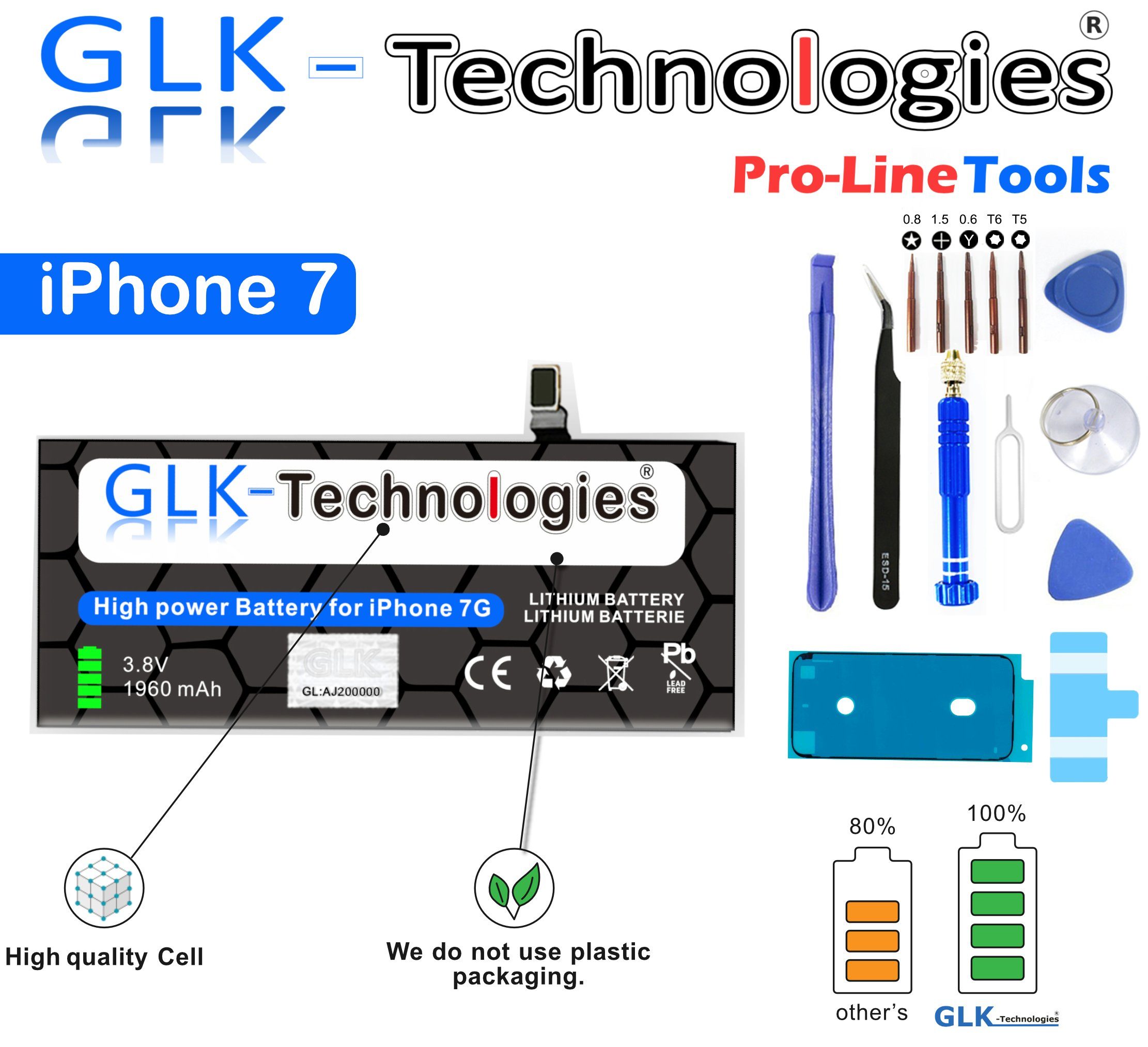 Smartphone-Akku GLK-Technologies 7 (3,83 iPhone Akku V) mAh Ersatz Verbesserter für Öffnungswerkzeug 1960 mit