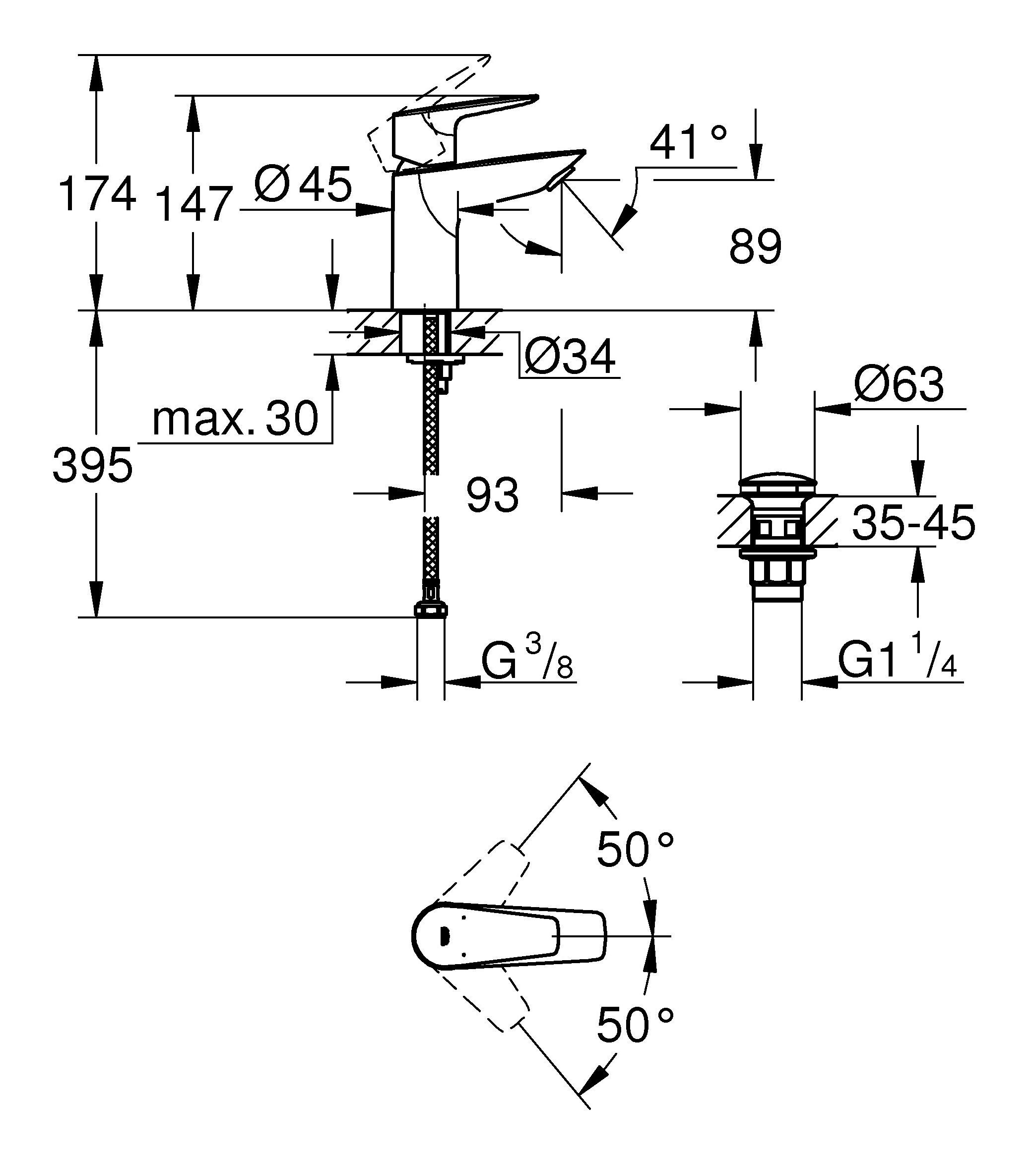 Grohe - Chrom BauEdge Push-Open-Ablaufgarnitur S-Size mit Waschtischarmatur Einhand-Waschtischbatterie