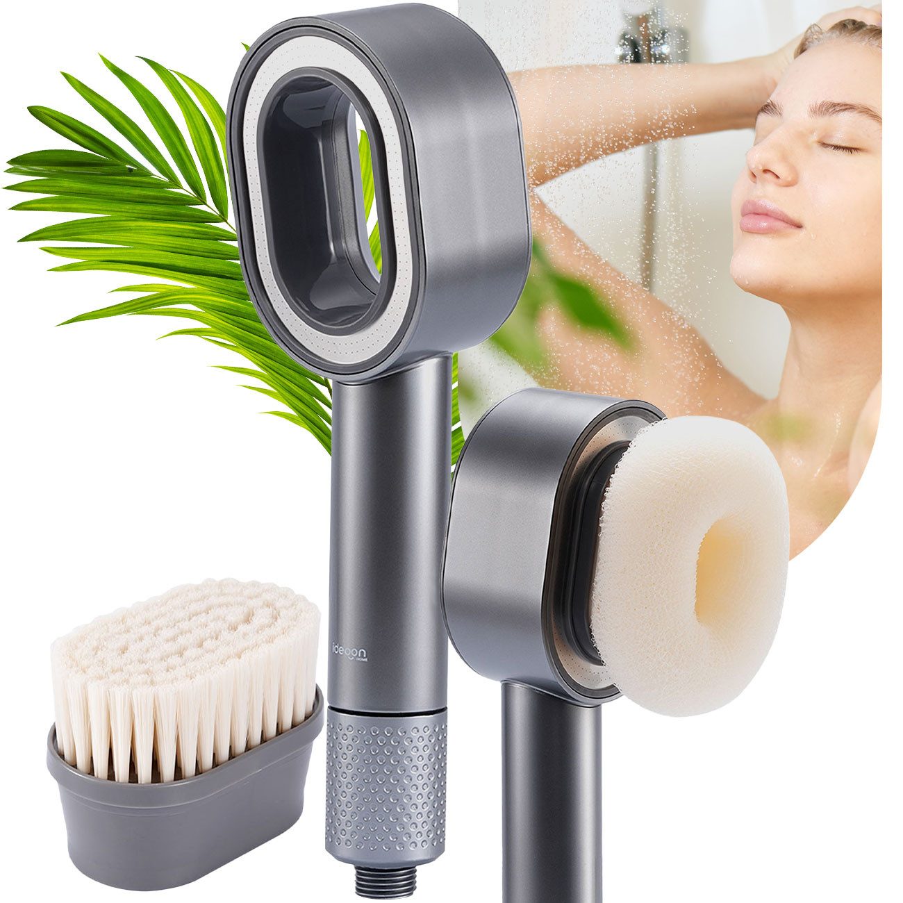 shop'n smile ideoon Handbrause 3-in-1 Duschkopf mit Bürste, Schwamm und Wasserspar Funktion, 2 x Premium-Wasserfilter