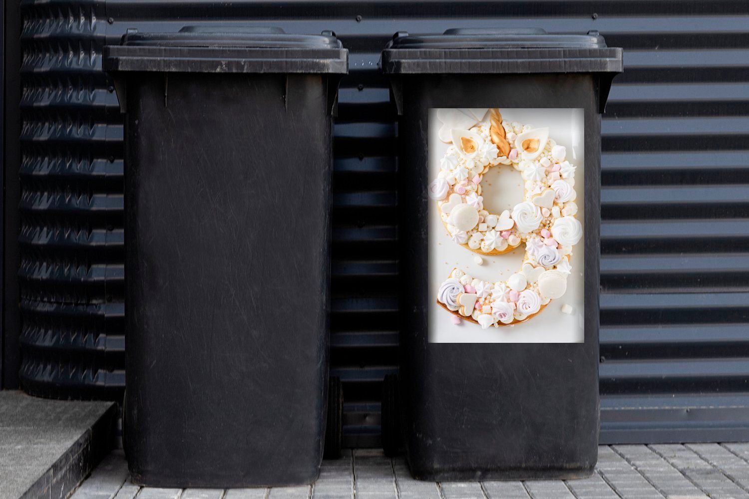 Zahl Mülleimer-aufkleber, 9 mit Sticker, Wandsticker Mülltonne, St), Einhorntorte der MuchoWow Abfalbehälter (1 Container,
