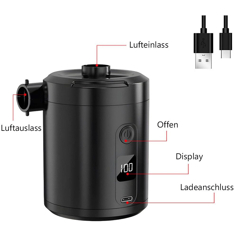 AFKSMILE Akku-Luftpumpe Elektrische Luftpumpe, Mini Luftpumpe Akku mit digitaler Anzeige, Aufblasen & Entleeren, 4 Luftdüsen für Camping, Luftbett, Schwimmringe