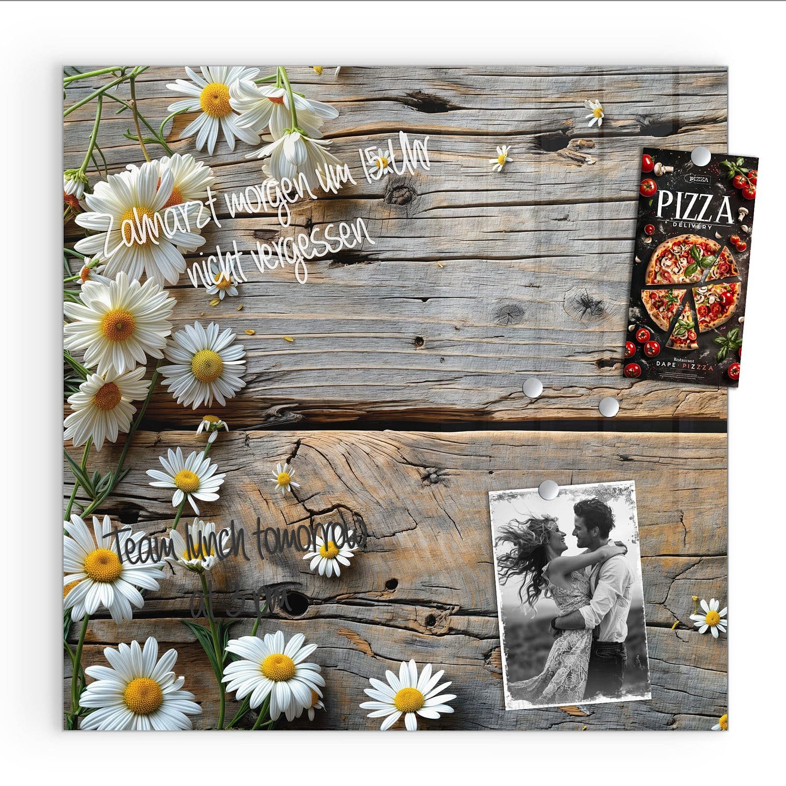 Primedeco Magnettafel Glas Holz und Gänseblümchen Pinnwand Whiteboard beschreibbar, (Inklusive Stift, Magnete und Montagematerial, 1-tlg., 9 verschiedene Größen), Magnetisch und Beschreibbar