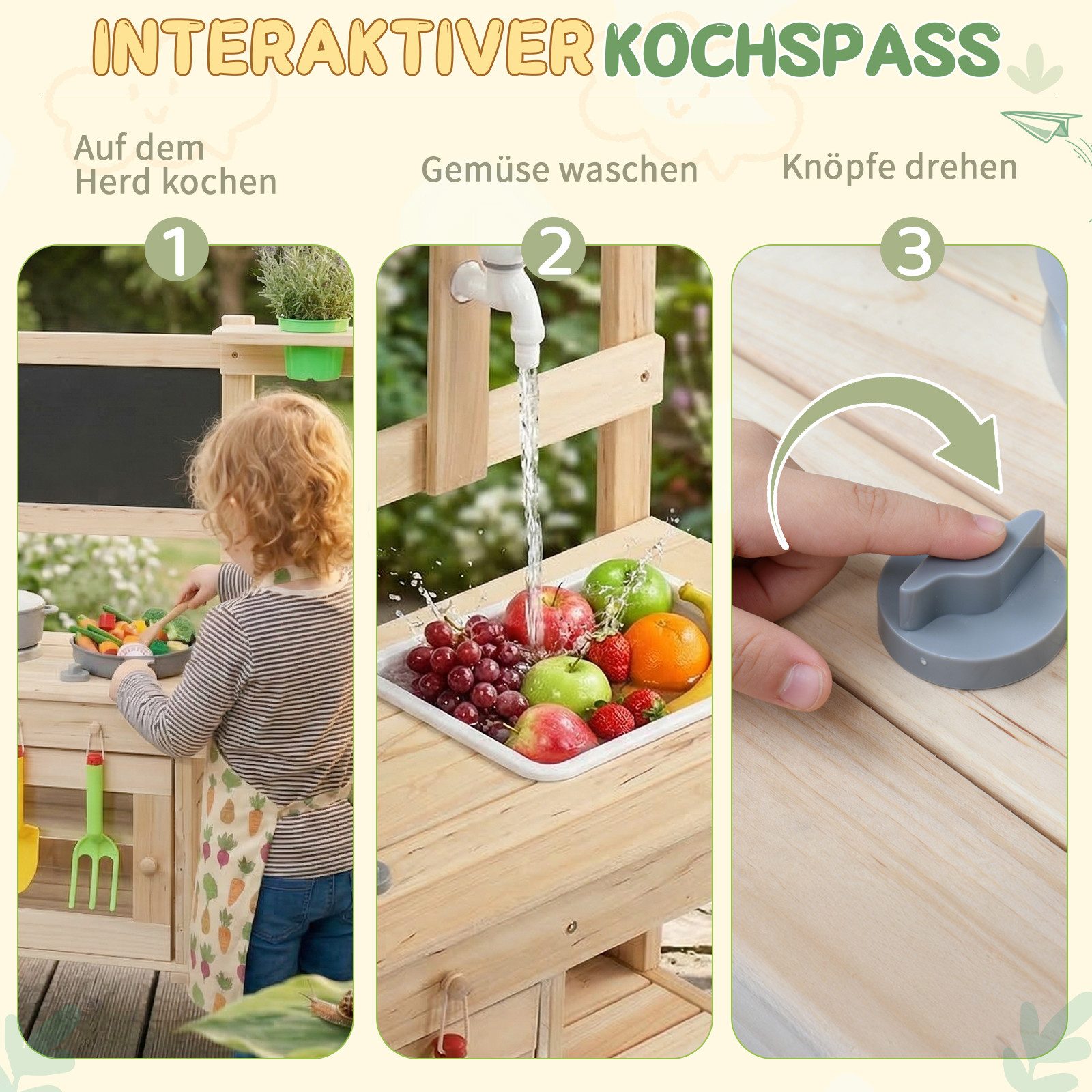 LALAHO Outdoor-Spielküche Kinder Matschküche mit Spüle, Herd, Pflanztöpfen, Tafel, Gartenküche Garten Spielset Spielküchen 77 x 35 x 94 cm