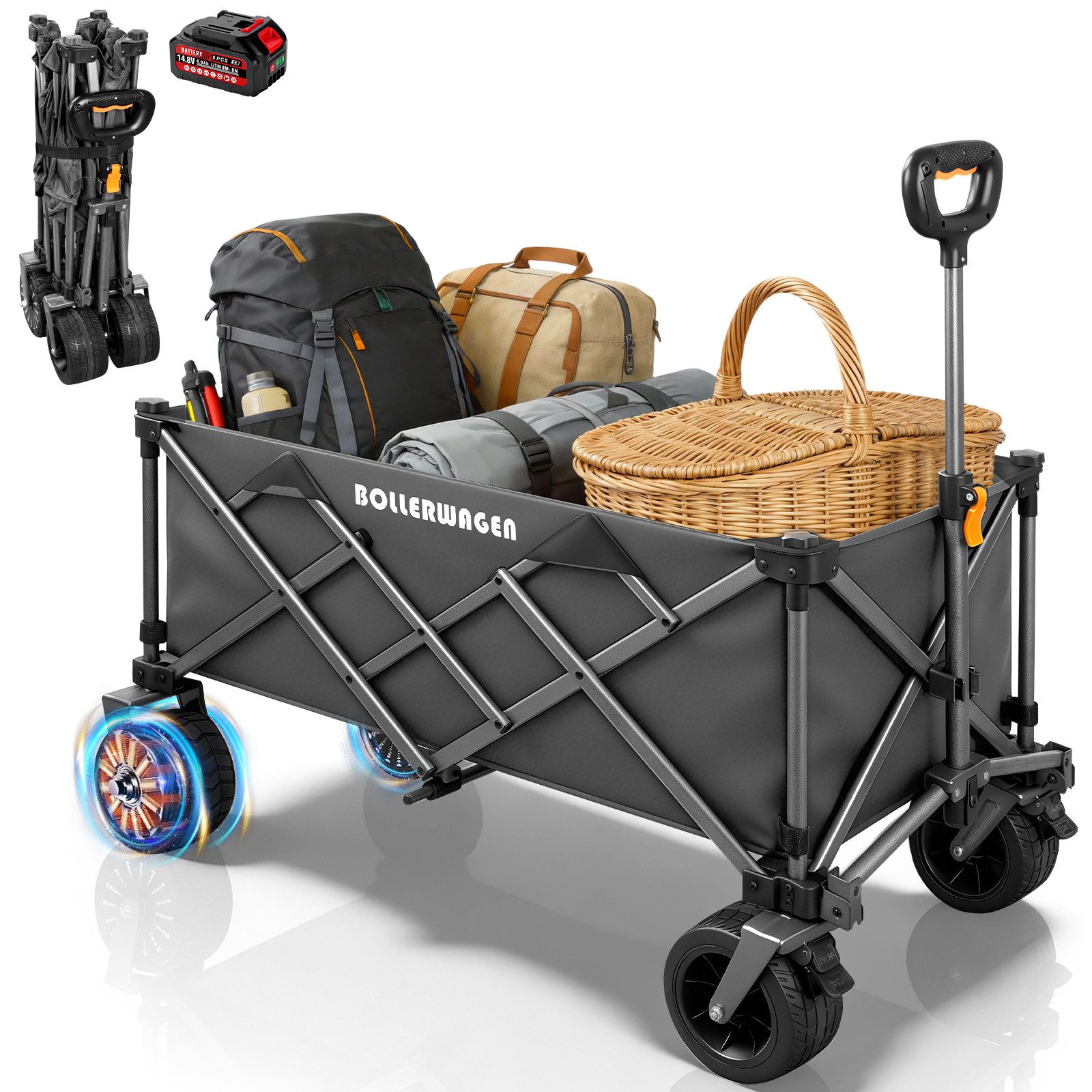 XERSEK Bollerwagen 2in1 Elektrokarre Faltbar Handwagen Kompatibel mit Makita Akku, 280L (Klappbollerwagen, Transportwagen, 50W Bürstenlos Motor/4.0Ah-Akku/Breiträder/105×61×64cm/Griff 60-100cm), Campingwagen Gartenwagen Strandwagen Faltbollerwagen f.Camping Einkauf