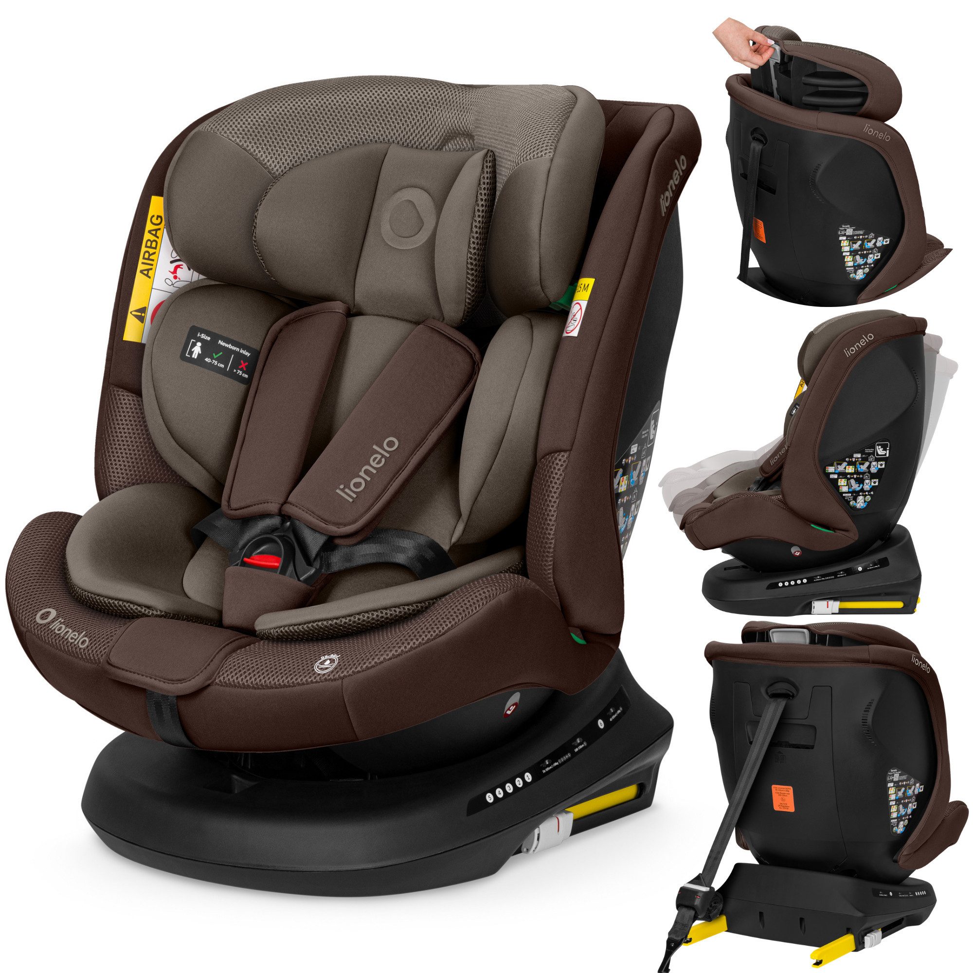 lionelo Autokindersitz BASTIAAN PLUS I-SIZE, ab: ab Geburt, bis: bis ca. 12 Jahre, ab: 40 cm, bis: 150 cm, (Autokindersitz + Verkleinerungseinlage + ISOFIX-Führungshülsen + Knopfzelle), 360°-Drehung/RWF bis 105 cm/Dri-Seat/Top-Tether-Alarm