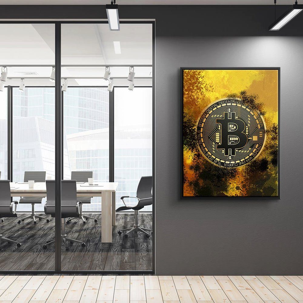 DOTCOMCANVAS® Crypto - silberner Bitcoin - - Motivation Trading Premium Leinwandbild Rahmen Leinwandbild, - Wild