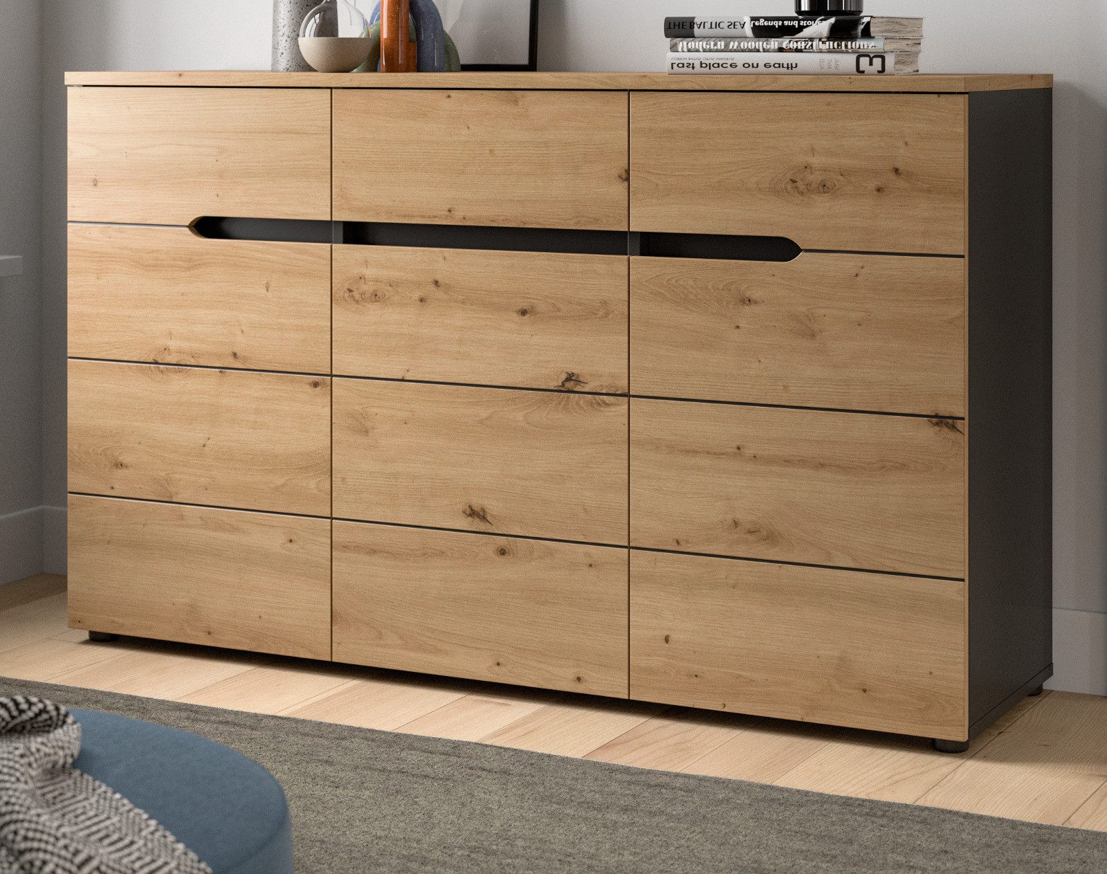 Inn.Furn Kommode Cooper (Sideboard in Eiche Artisan und Basalt Grau, 3-türig, 130 x 81 cm), Vollauszug und Soft-Close-Funktion