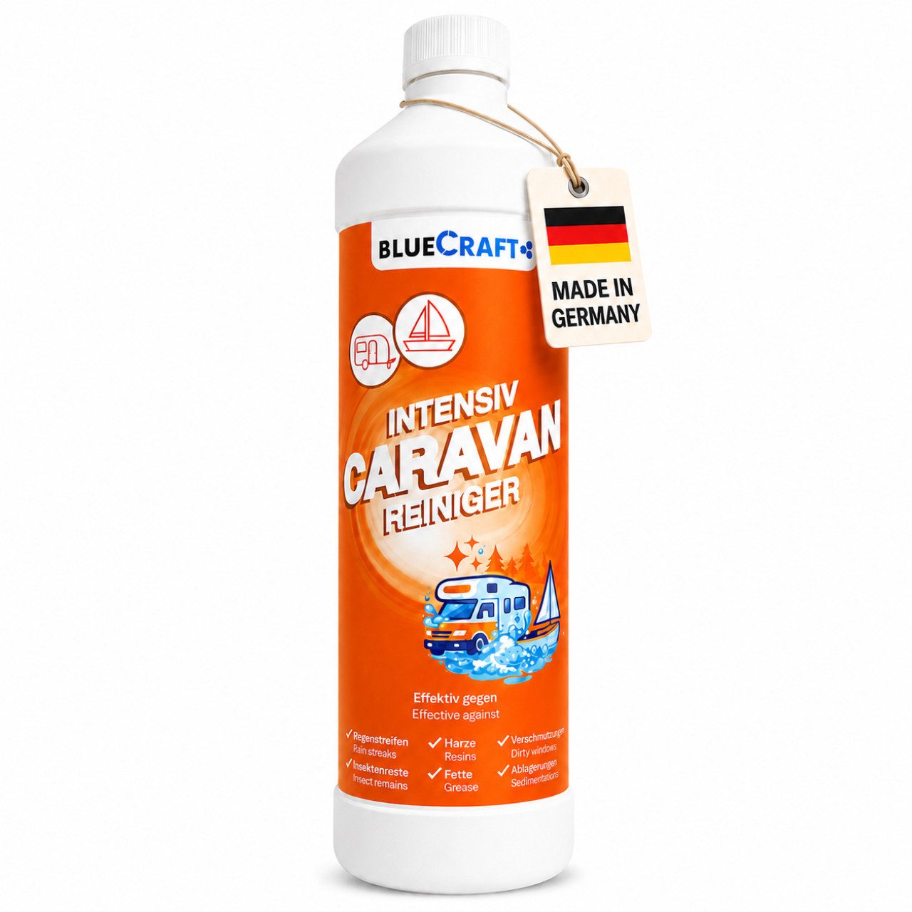 BlueCraft Caravan Reiniger für Wohnmobil & Wohnwagen - extra Premium Konzentrat Auto-Reinigungsmittel (1x 1 L Caravanreiniger für bis zu 21 L Anwendungslösung hoch effektiv gegen Regenstreifen & Schmutz - für Acryl- & Plexiglas)