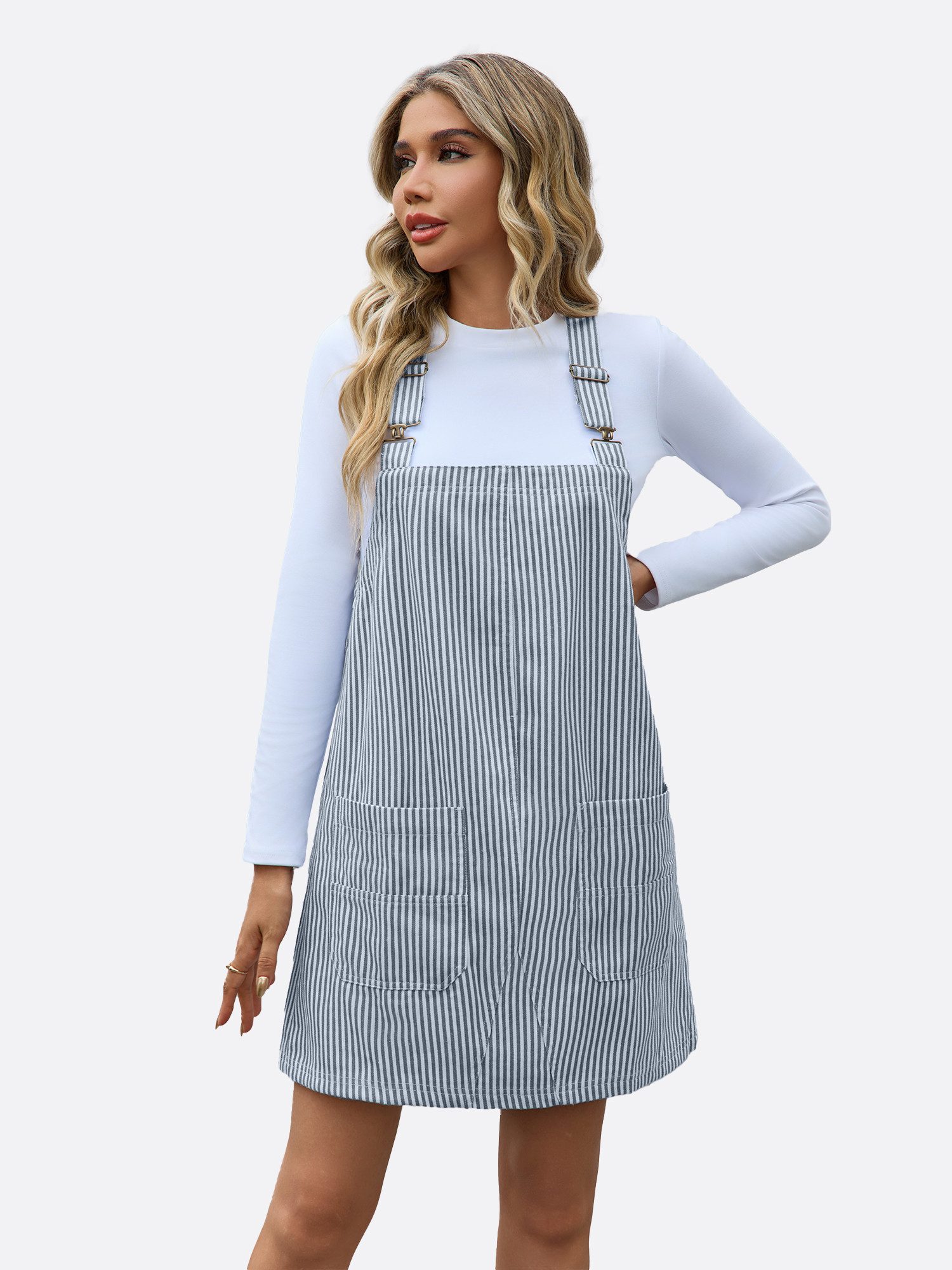Imily Bela Jeanskleid Damen Gestreiftes Trägerkleid mit Verstellbaren Schultergurten (Packung, 1-tlg., 1per-Pack) Eingrifftaschen