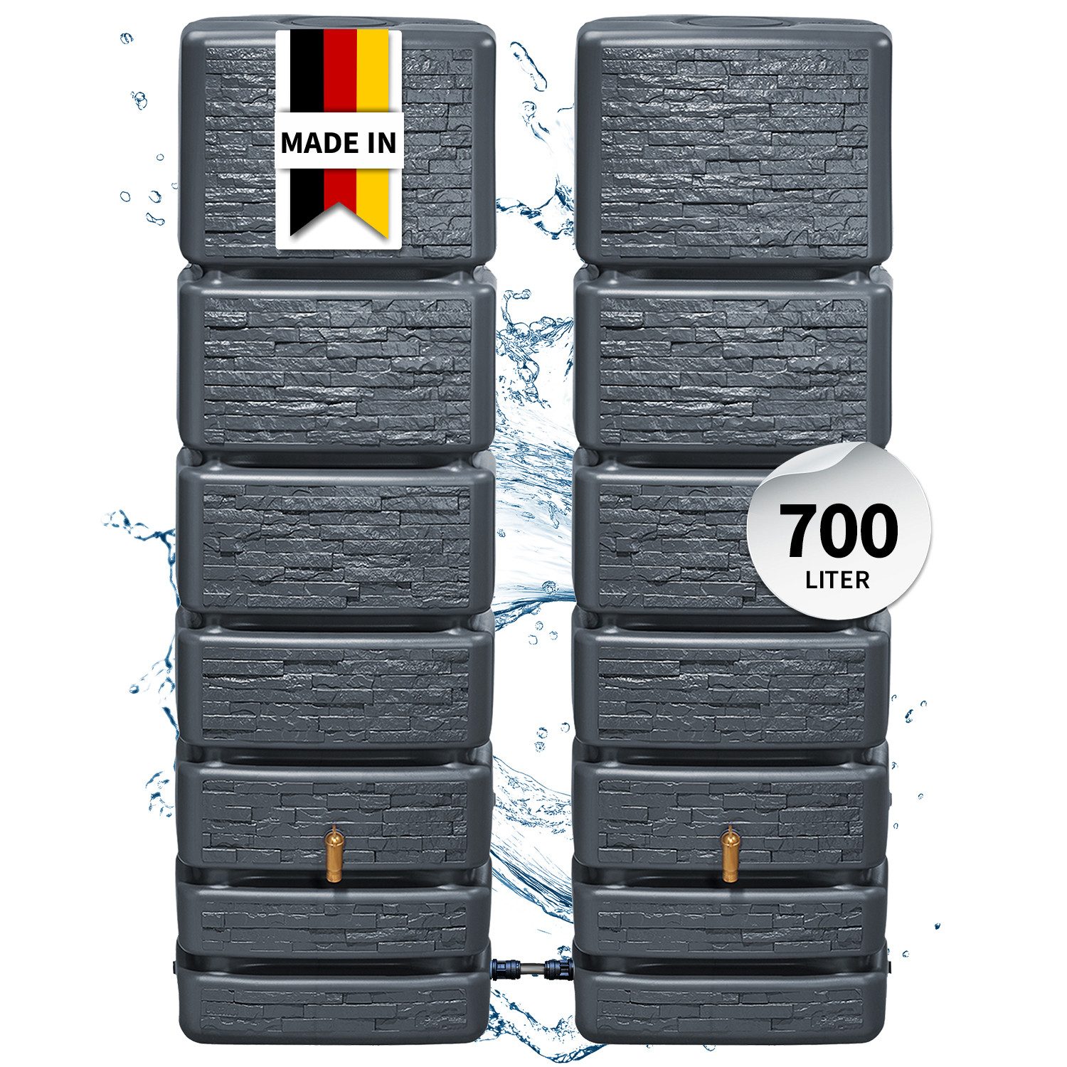 4rain Regentonne SLIM STONE DECOR Wandtank-SET 700 L, graphite grey
