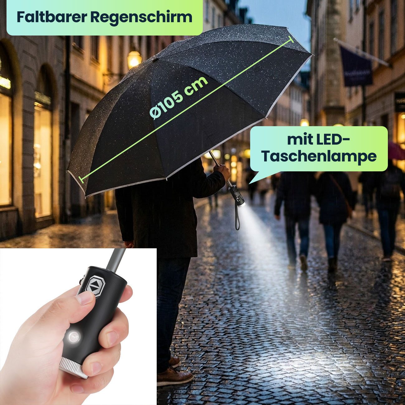 shop'n smile ideoon Taschenregenschirm Faltbarer Regenschirm LED Taschenlampe Taschenschirm Schirmdach Ø105cm, Geöffnet: Ø 105 x 62 cm/Auto-Öffnen & -Schließen/Handschlaufe