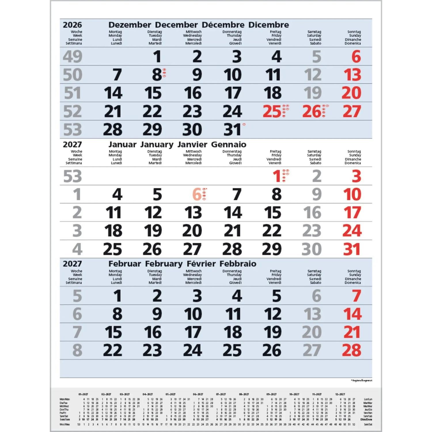 Wandkalender 3-Monats-Planer Comfort Blau 2027