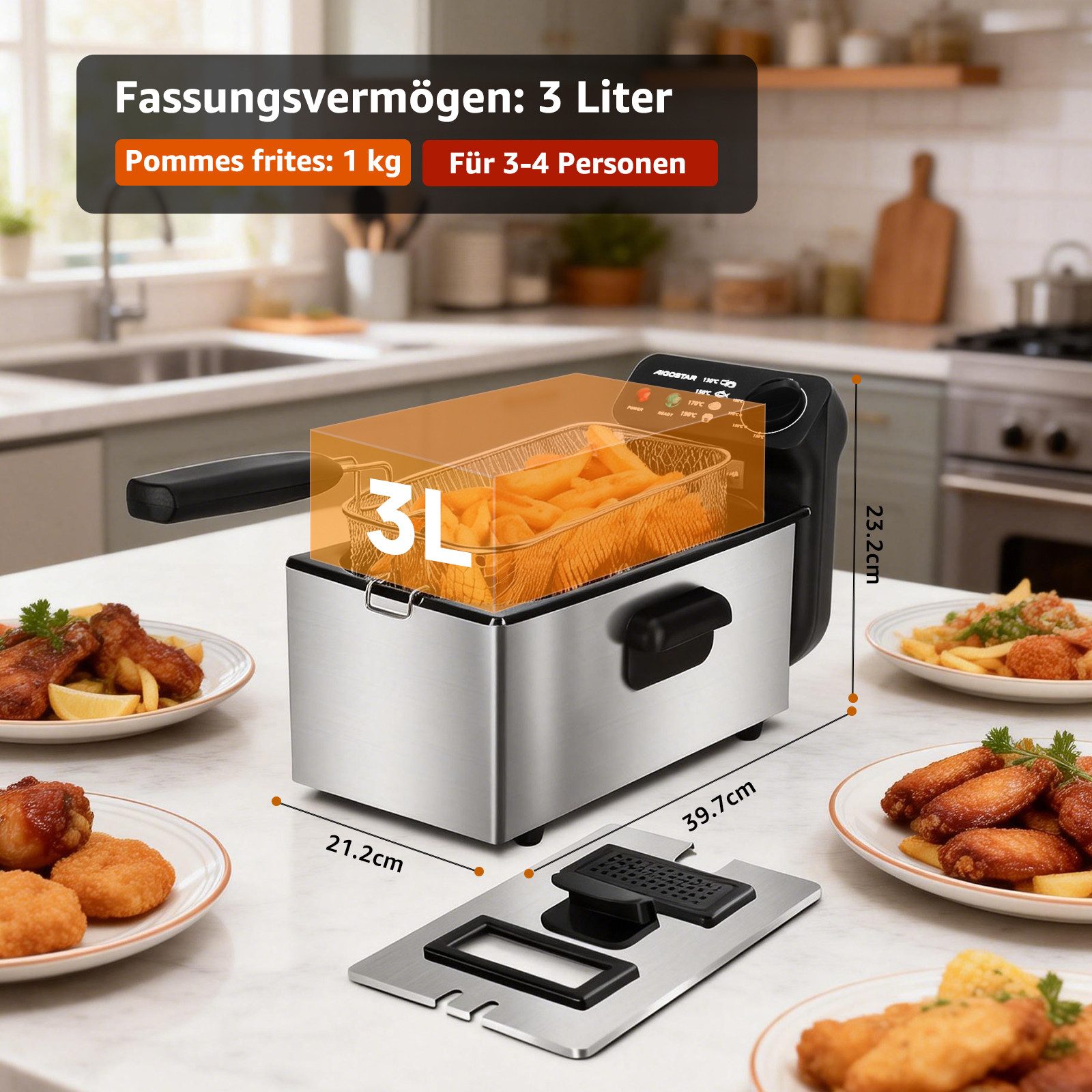 Aigostar Fritteuse Semi-professionelle Fritteuse, Edelstahl, 2200W, 3L