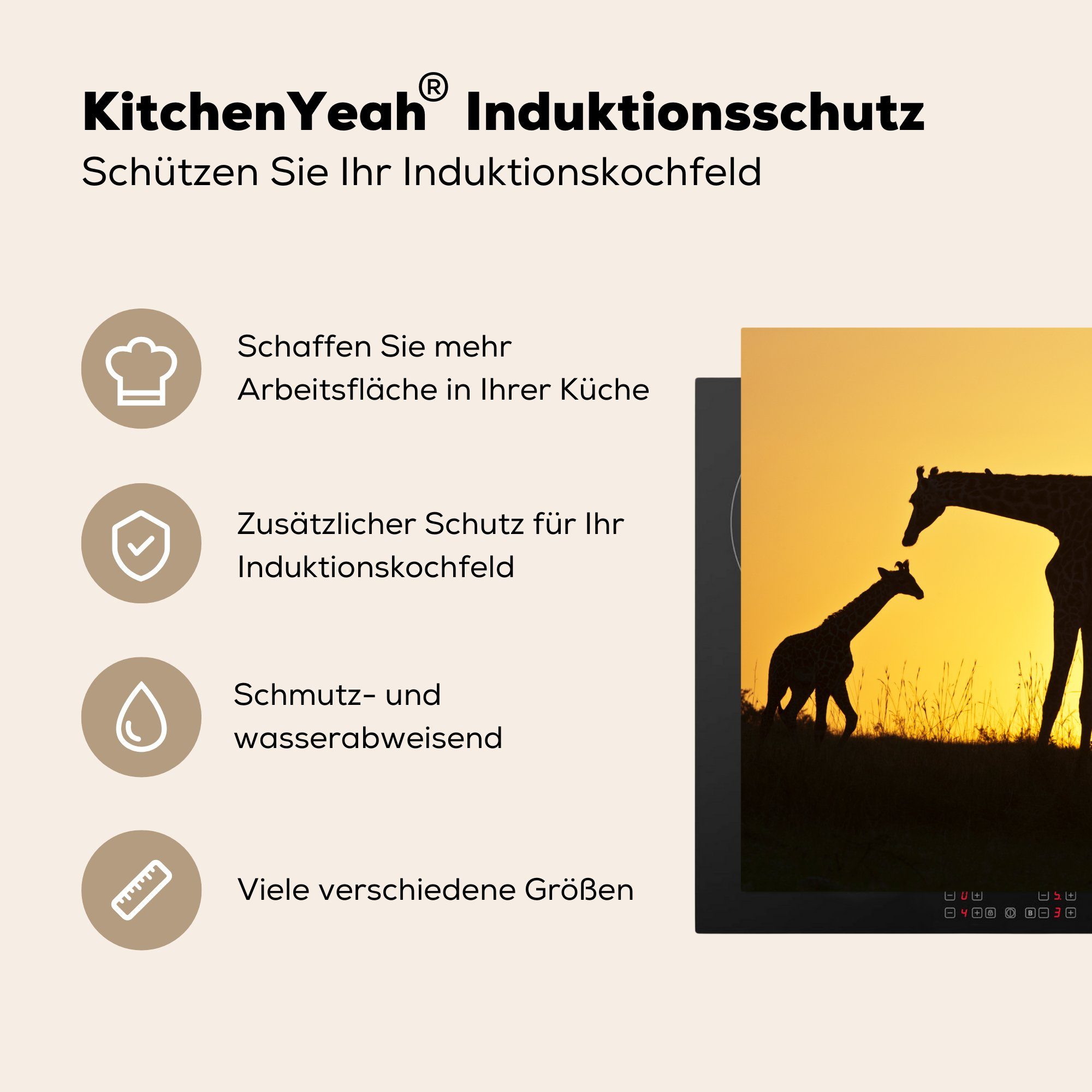küche 78x78 (1 - tlg), Arbeitsplatte für Ceranfeldabdeckung, MuchoWow Scherenschnitt Kalb, Giraffe Herdblende-/Abdeckplatte - cm, Vinyl,