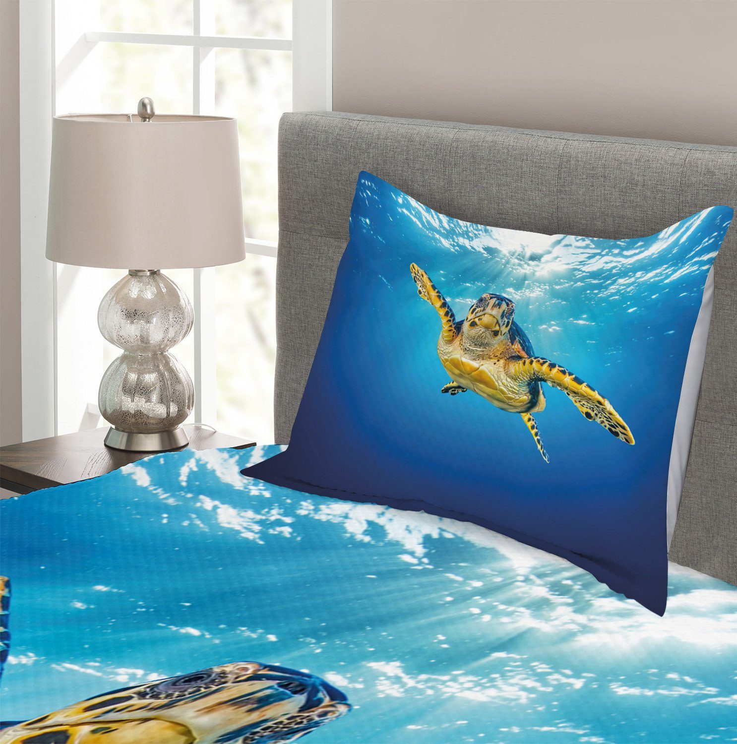 Schwimmen Waschbar, Kissenbezügen Schildkröte Tagesdecke Abakuhaus, Blue Waters Set mit