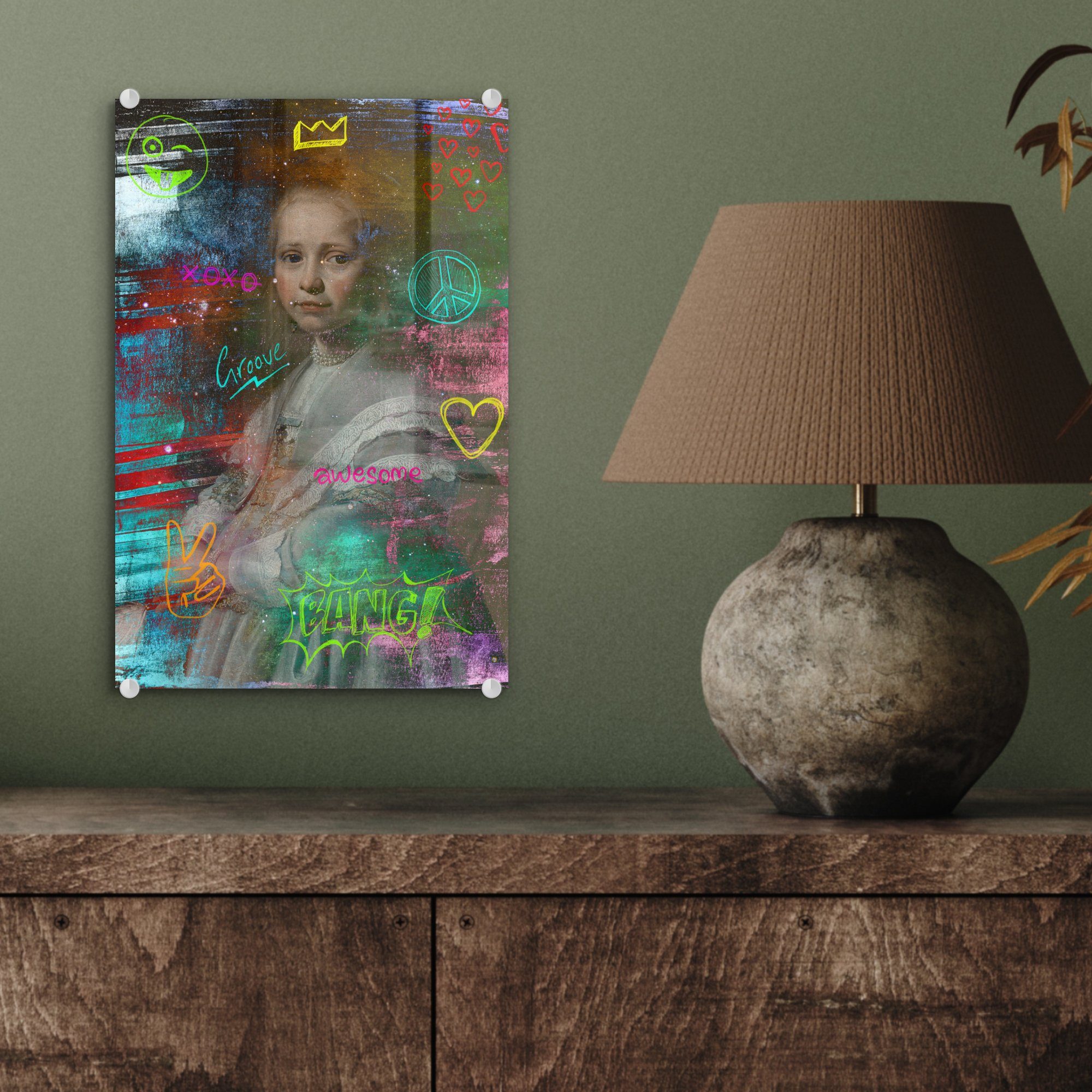 Glas Bilder Acrylglasbild in (1 - Neon, - eines Wandbild - Porträt Cornelisz - Glasbilder Blau - Glas Johannes bunt Foto Wanddekoration St), auf Mädchens auf MuchoWow