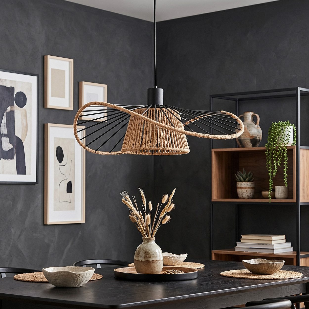 hofstein Hängeleuchte Hängelampe aus Metall/Papiergeflecht in Schwarz/Naturfarben, ohne Leuchtmittel, moderne Hängelleuchte im Boho-Design, E27, Höhe max. 110 cm