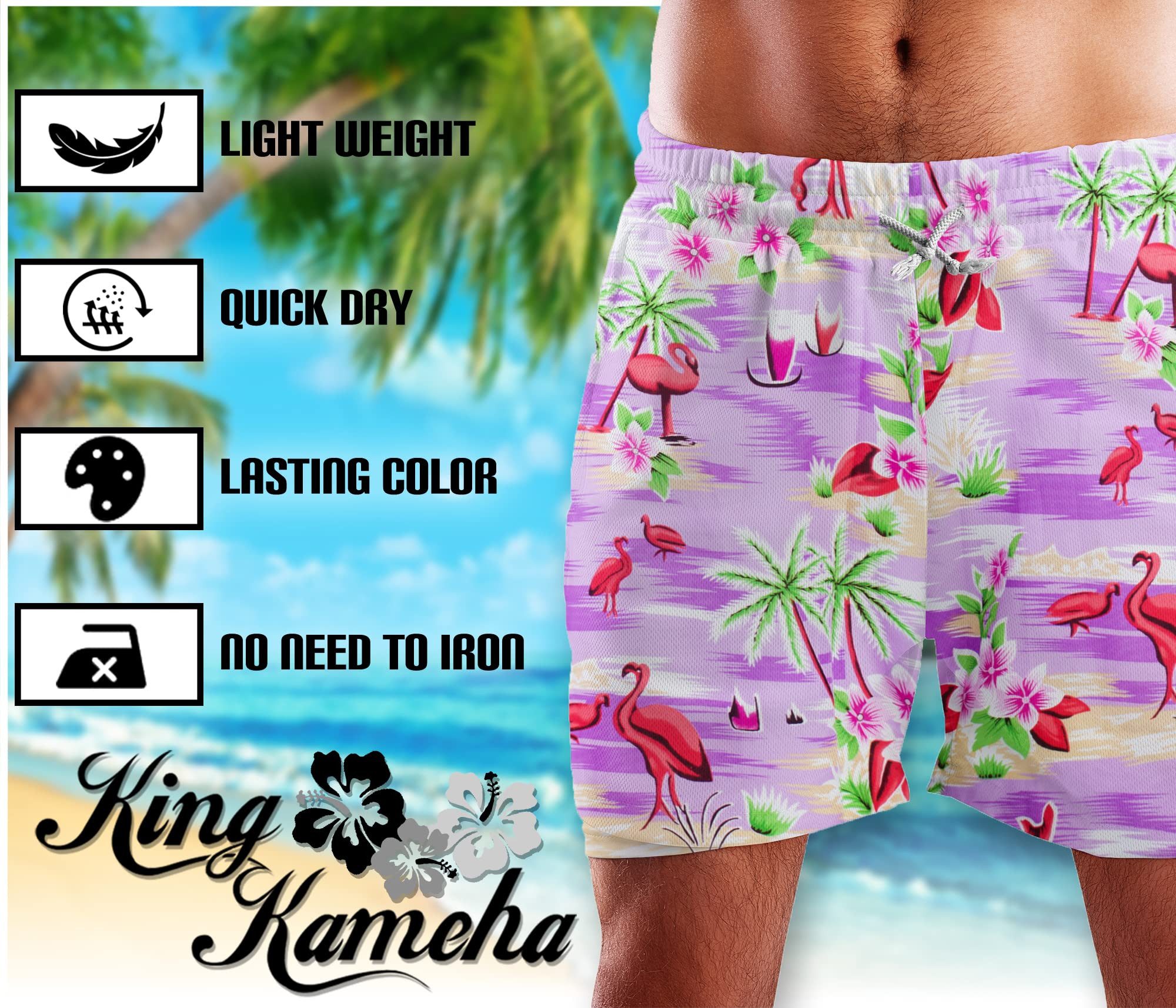 King Kameha Badeshorts Flamingos Funky Hawaii Bade-Shorts Mesh-Einsatz Verschluss Kordelzug Mit integriertem Mesh-Innenslip für extra Komfort