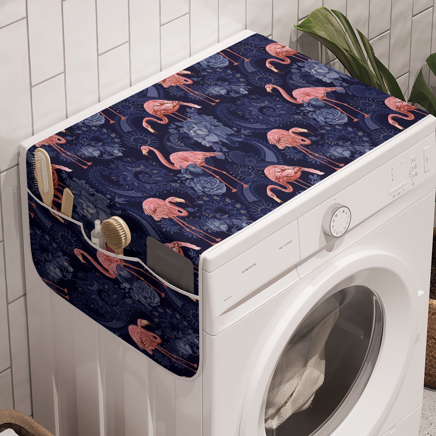 Abakuhaus Badorganizer Anti-Rutsch-Stoffabdeckung für Waschmaschine und Trockner, Jacobean Exotische Blumen Flamingo