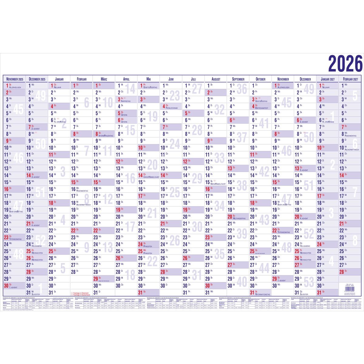 GÜSS Kalender Plakatkalender Wandplaner 16 Monaten A2 60x40cm Nov. 2025-Febr. 2027