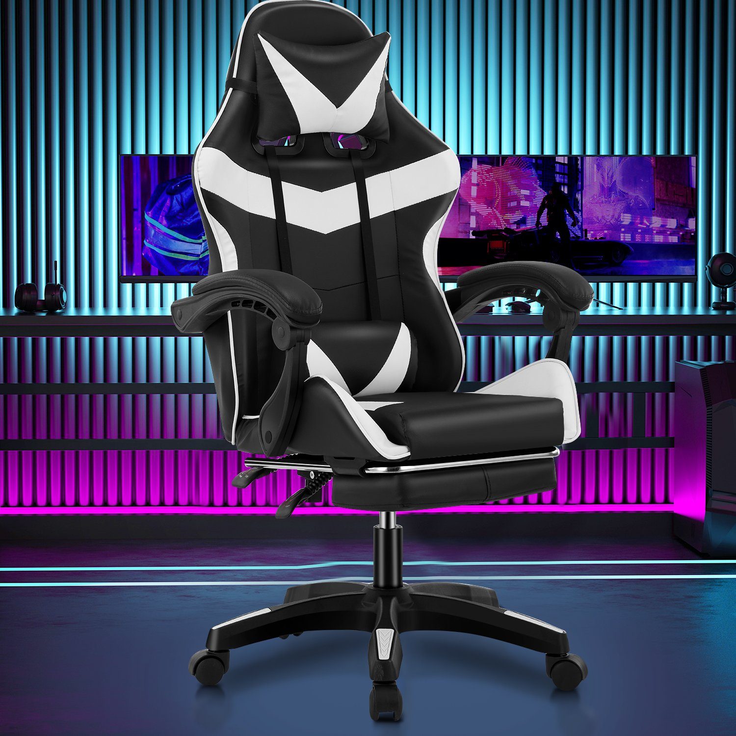 WILGOON Gaming-Stuhl Gaming Chair Ergonomischer Bürostuhl mit Fußstütze, Kopfstütze, Gamer Stuhl mit Lendenkissen, Maximale Belastung 150 kg, 360° drehbar