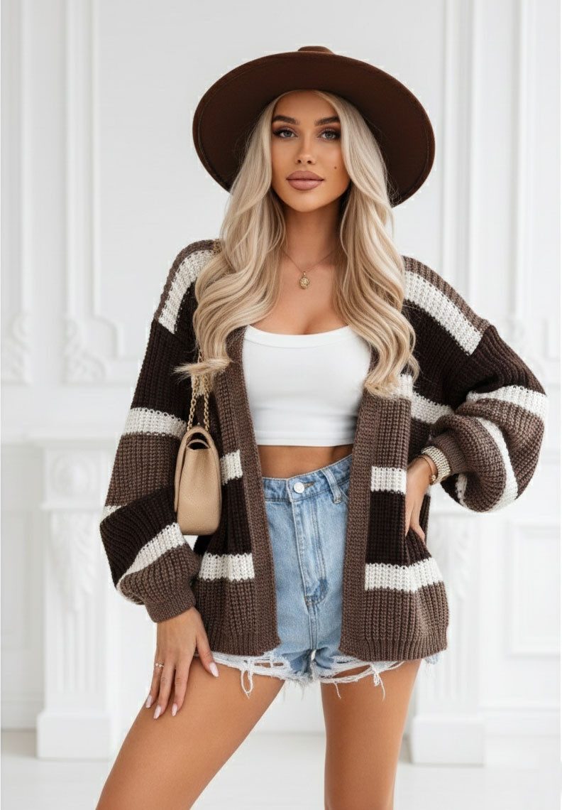 Strickjacke Damen Strickjacke kurz Oversize Look Grobstrick Cardigan Einheitsgröße