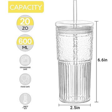 HIBNOPN Glas Glas-Wasserbecher 2er Gestreifte Gläser mit Deckel und Strohhalm 570ml