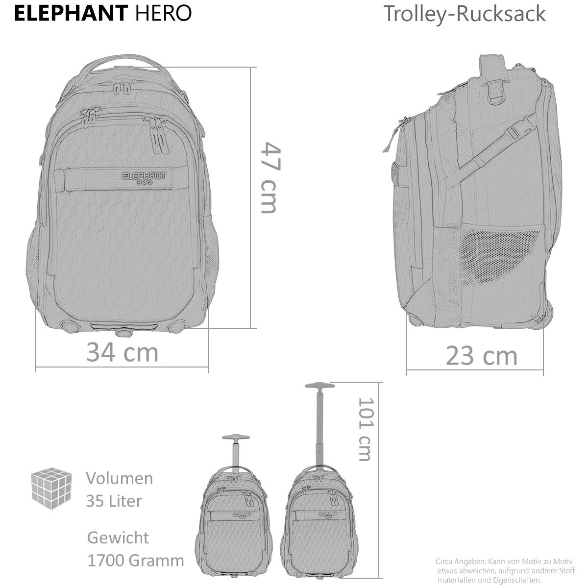 ELEPHANT Schulrucksack Schultrolley Trolley Hero Signature Schulrucksack (3 Teile Set), Rucksacktrolley Schule Rucksack Trolly, Sporttasche, Mäppchen Box +tsm