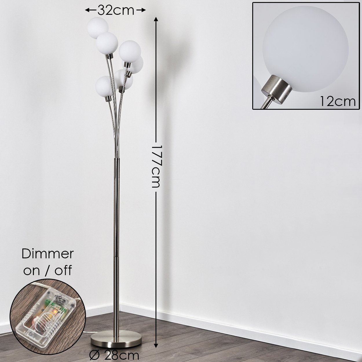 hofstein Stehlampe »Lerici« stufenlos dimmbar, Stehleuchte Nickel-matt/Weiß, ohne Leuchtmittel, Stehleuchte Nickel-matt/Weiß, Glas, 6xG9, mit Fußschalter am Kabel