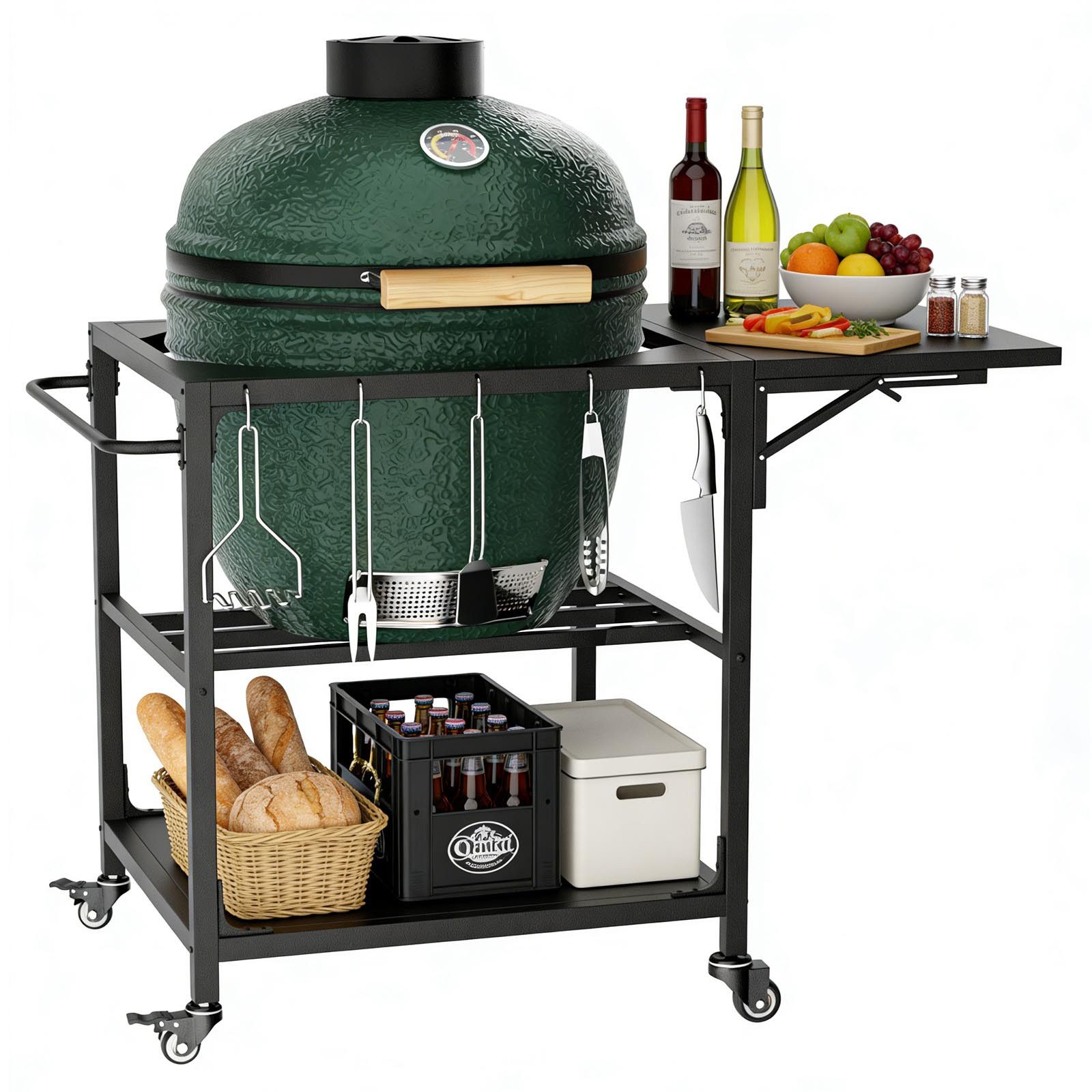 FANNOU Servierwagen Grilltisch für den Außenbereich, passend für Big Green Egg Grills, (1 St), Metallwagen mit Rollen, Ablagefläche, Haken und abnehmbarer Abdeckung