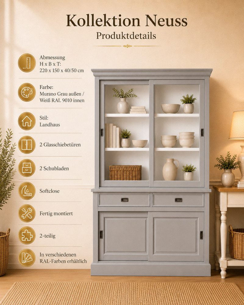 Wohnpalast Vitrine Vitrinen Schrank Neuss 150 cm Murano/Weiß - Buffet Schrank mit Schiebe