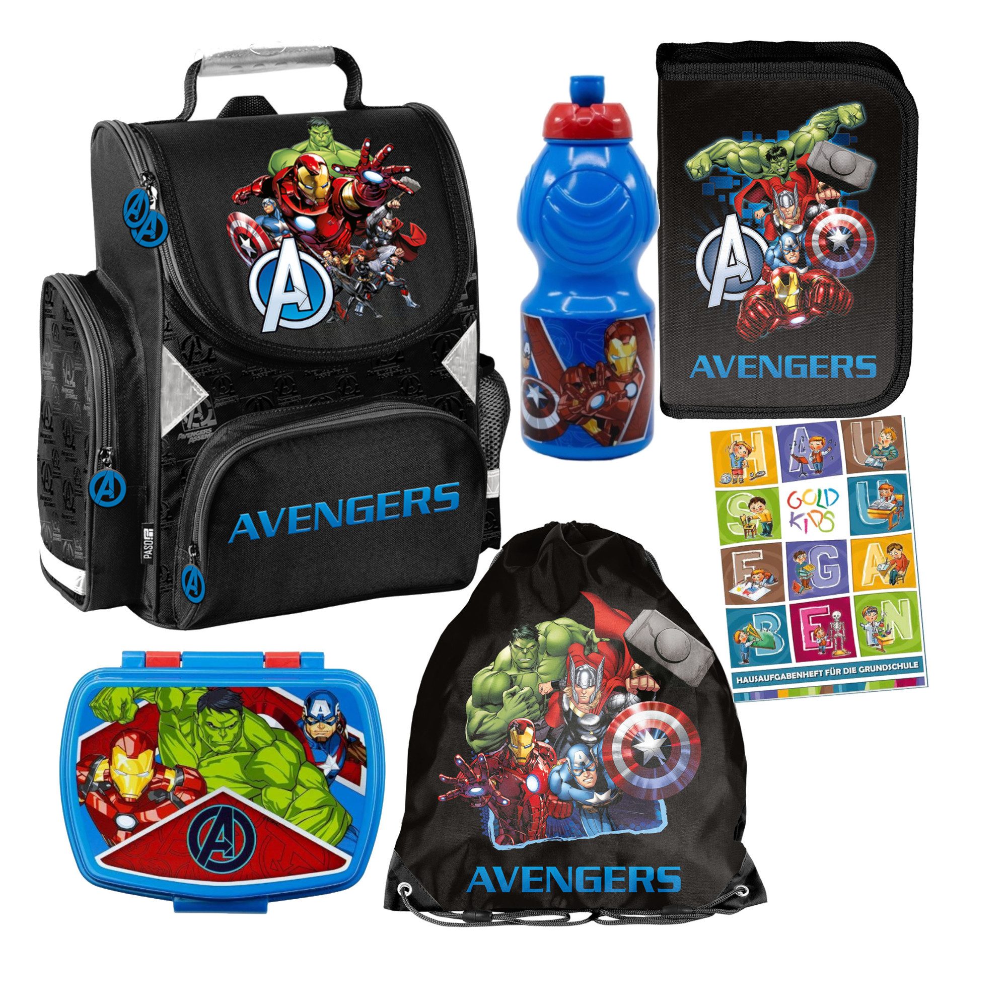 GOLDKIDS Schulranzen für Jungen, 6er-Set - (Schul-Rucksack für Kinder mit Federmäppchen, 1-tlg., - Schuhbeutel Brotdose und Trinkflasche), - Avengers Motiv - 1-3 Klasse