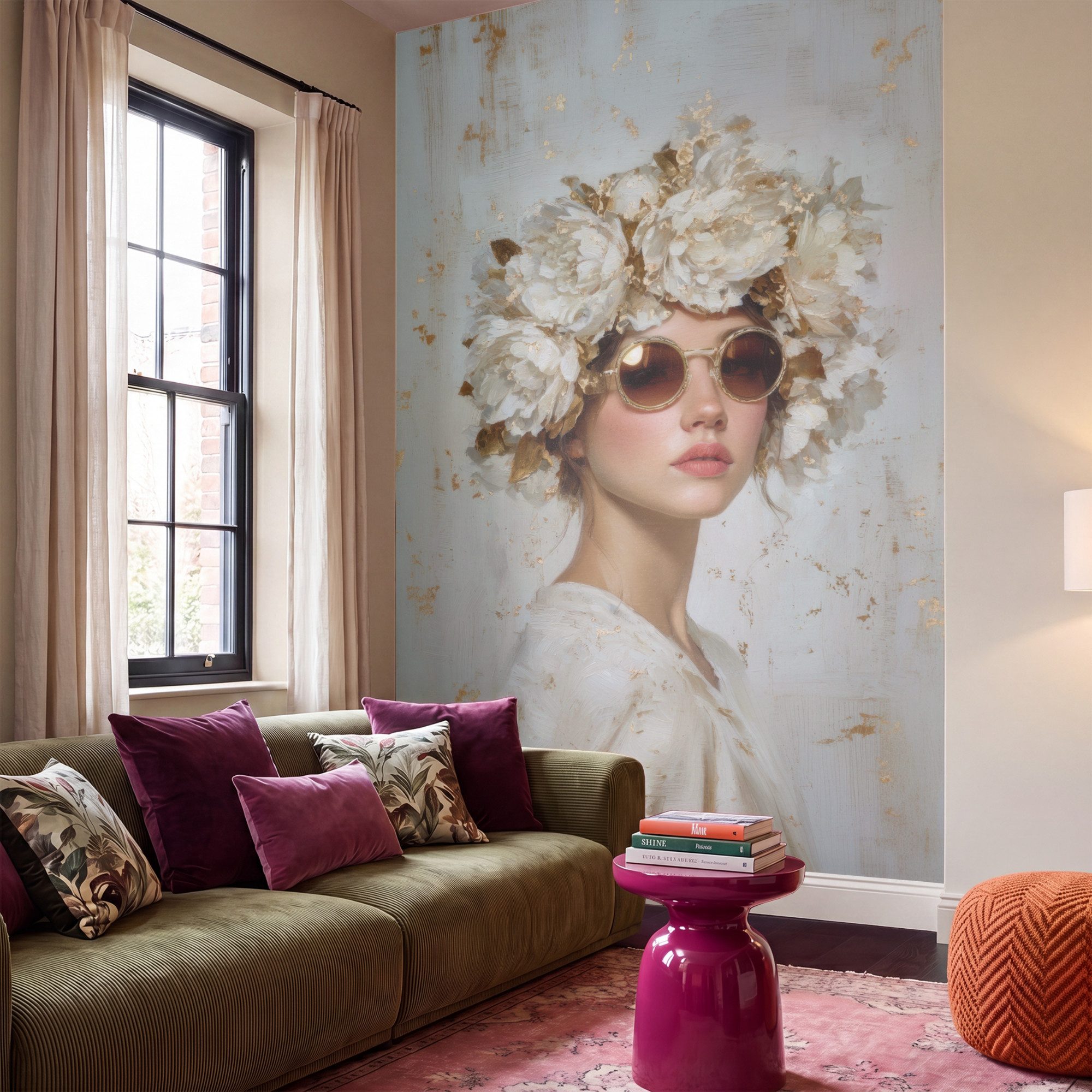 OnlyWow Fototapete Kunstdrucke - Frau - Sonnenbrille - Blumenkranz, Matt, bedruckt, Wohnzimmer, Modern, Wanddekoration 180x300cm