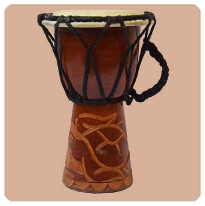 SIMANDRA kleine Trommel Djembe geschnitzt 15 cm Afrikanische Bongo aufwendige Schnitzerei, gefertigt in reiner Handarbeit