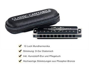 Classic Cantabile Mundharmonika AHB-650 PRO, D-Dur, (Inkl. Etui & Pflegetuch), 10 Phosphor-Bronze Stimmzungen - Messing-Gehäuse