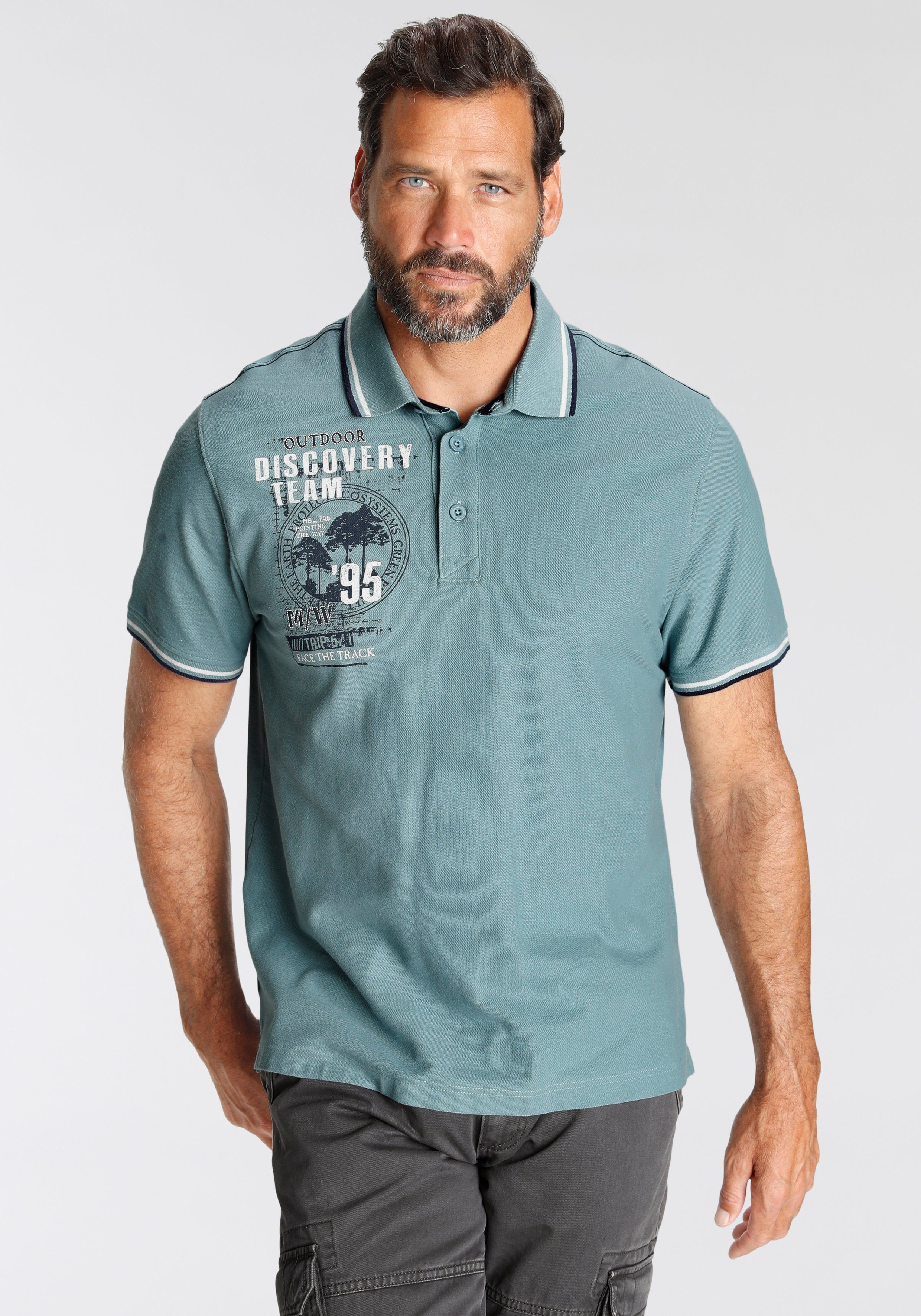 Man's World Poloshirt Mit Print an der Schulter rauchblau