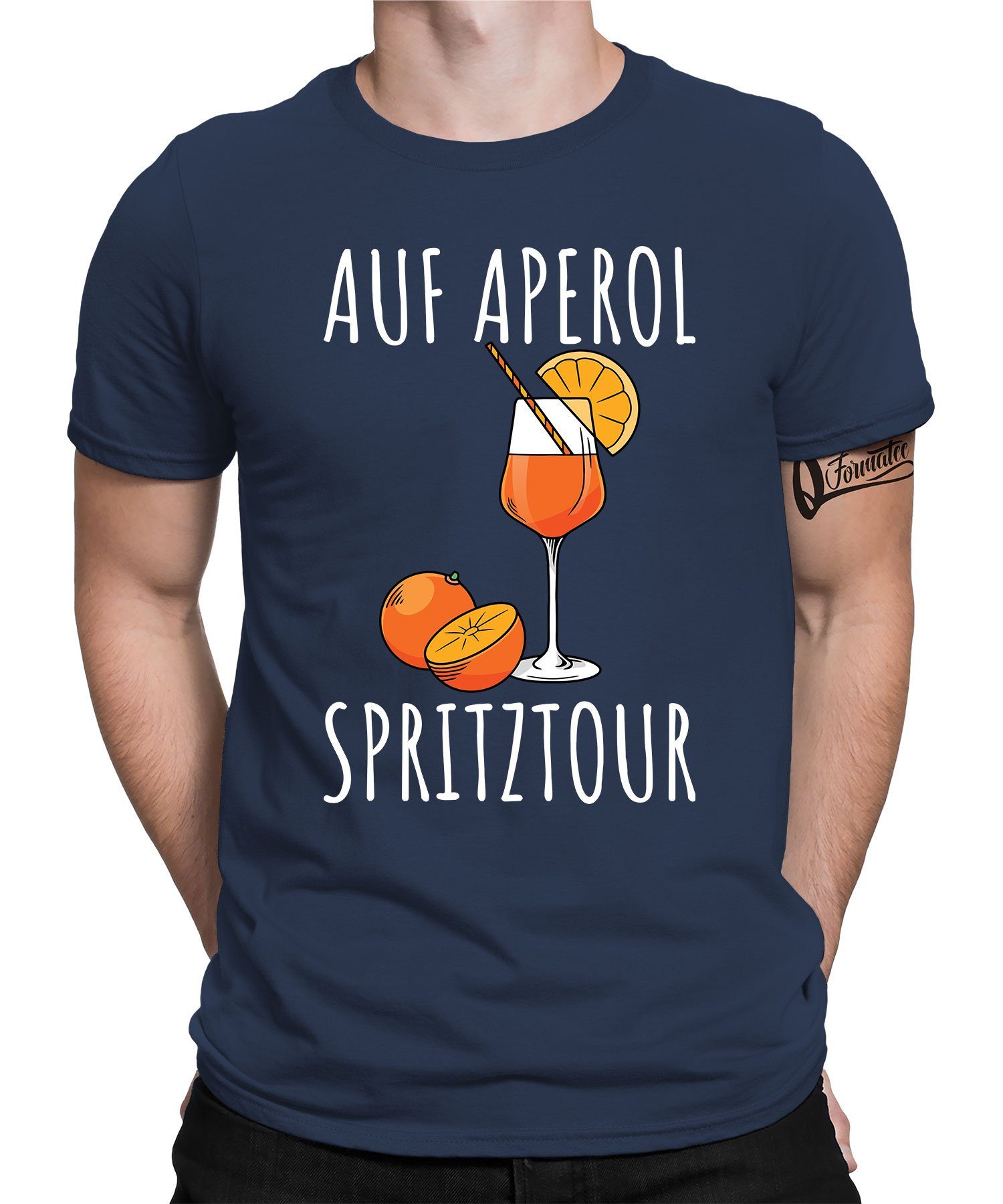 Quattro Formatee Kurzarmshirt Auf Aperol Spritz Spritztour - Lustiger Spruch Statement Herren T-Shir (1-tlg) Navy Blau