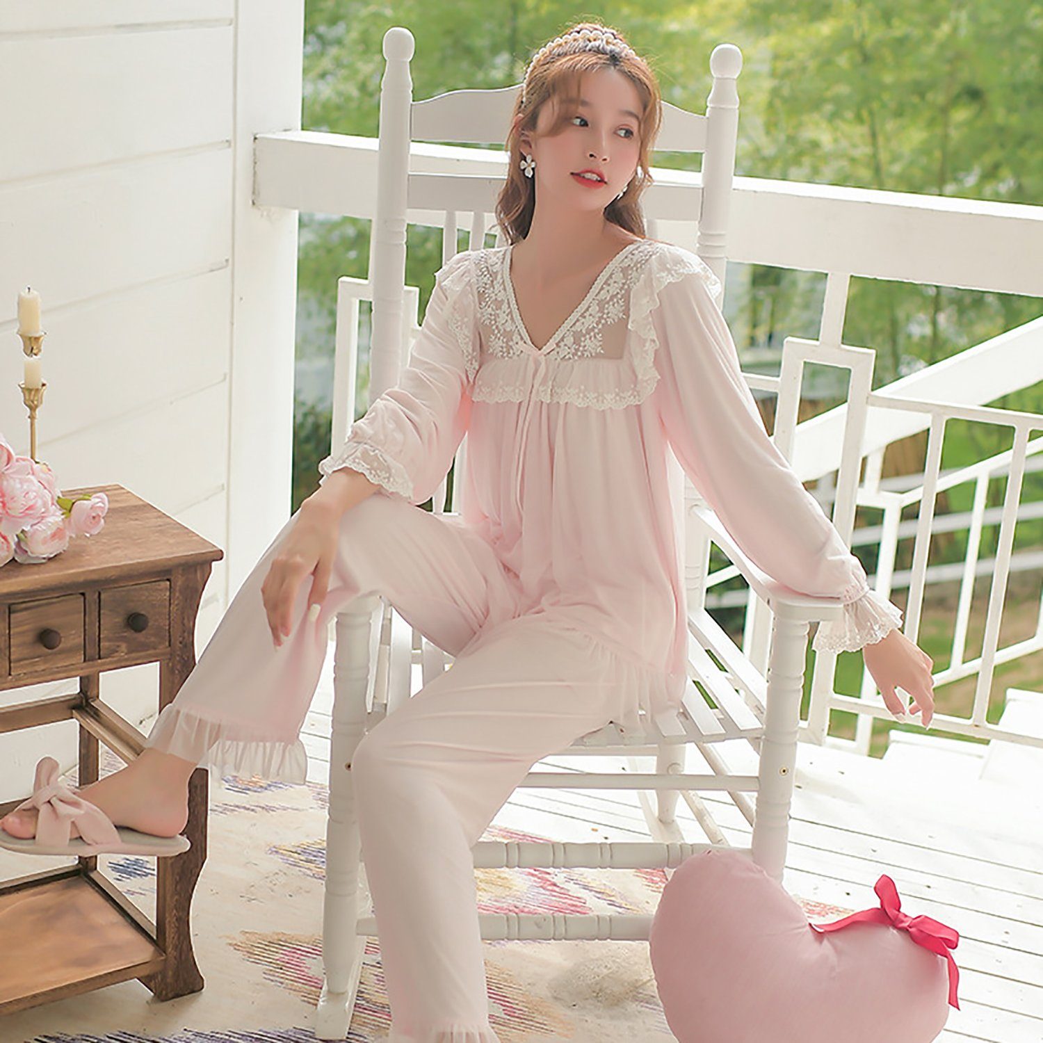 Leway Pyjama »Schlafanzug für Damen Weich Gestricktes Pyjama Set mit  V-Ausschnitt und Exquisitem Gewelltem Saum 2 Stück Slim Fit Frauen  Gemütliche Nachtwäsche«