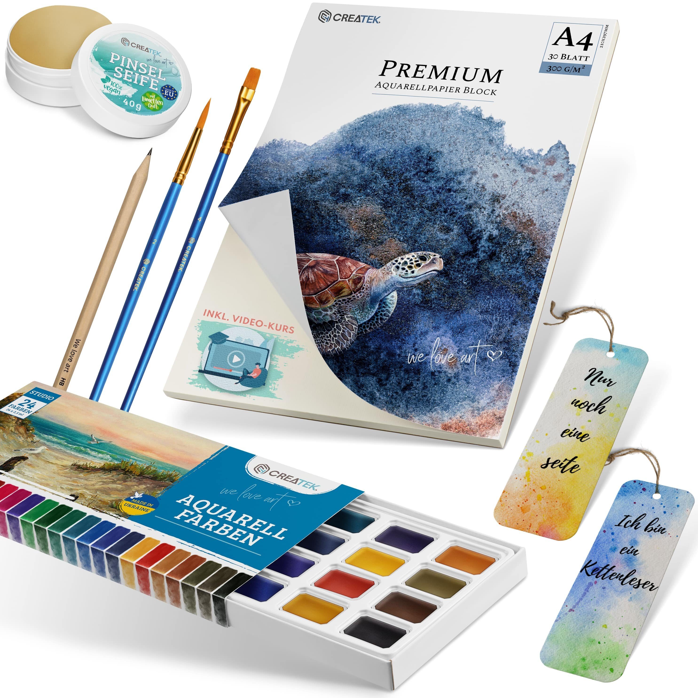 CreaTek Aquarellfarbe Aquarell Starter-Set - Aquarellfarben, Block + Videokurs & Malvorlagen, Videokurs & 400 Malvorlagen im Wert von 39,90 € Gratis dazu!