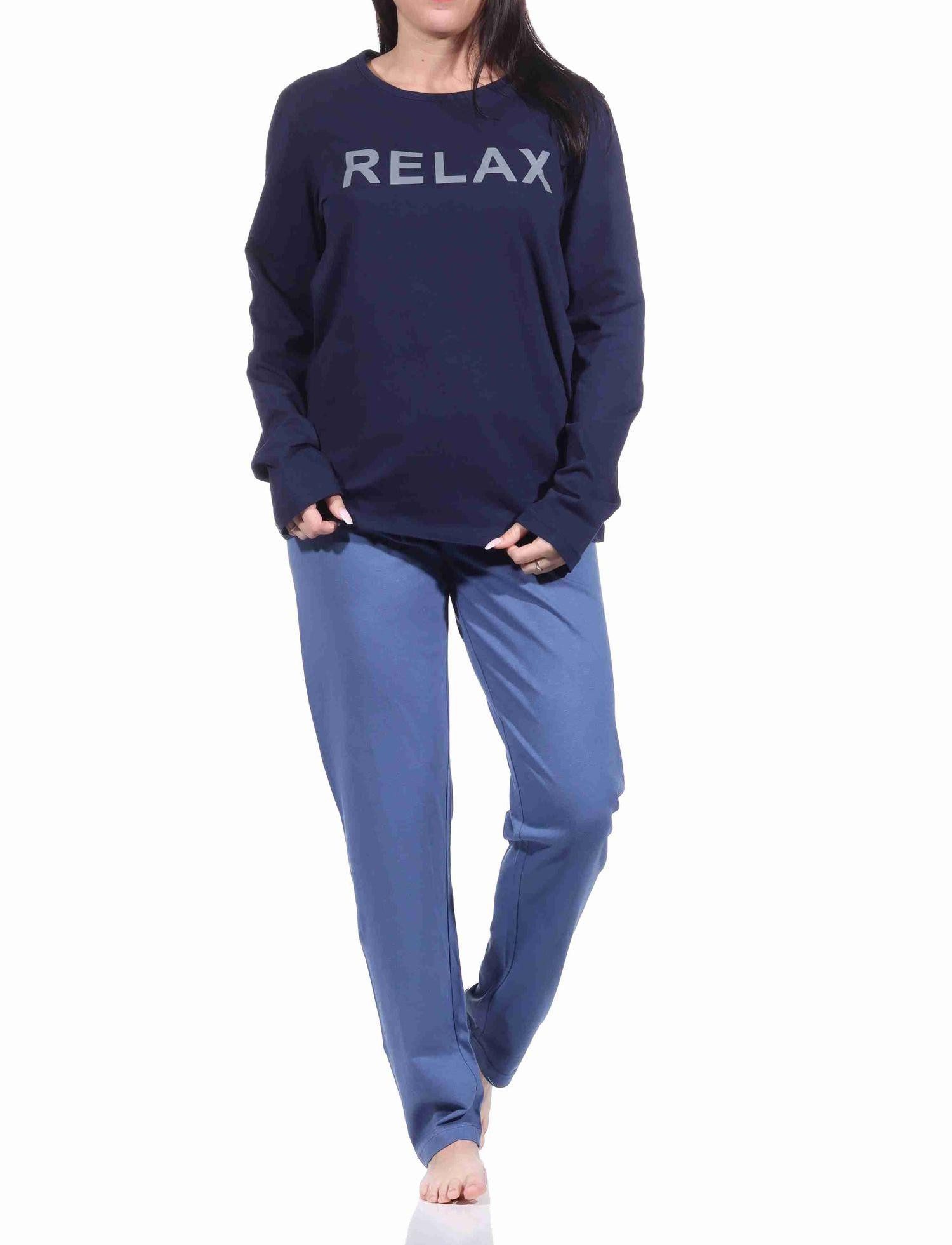 RELAX by Normann Pyjama Damen Schlafanzug langarm Pyjama mit Zierspruch - 212 10 905